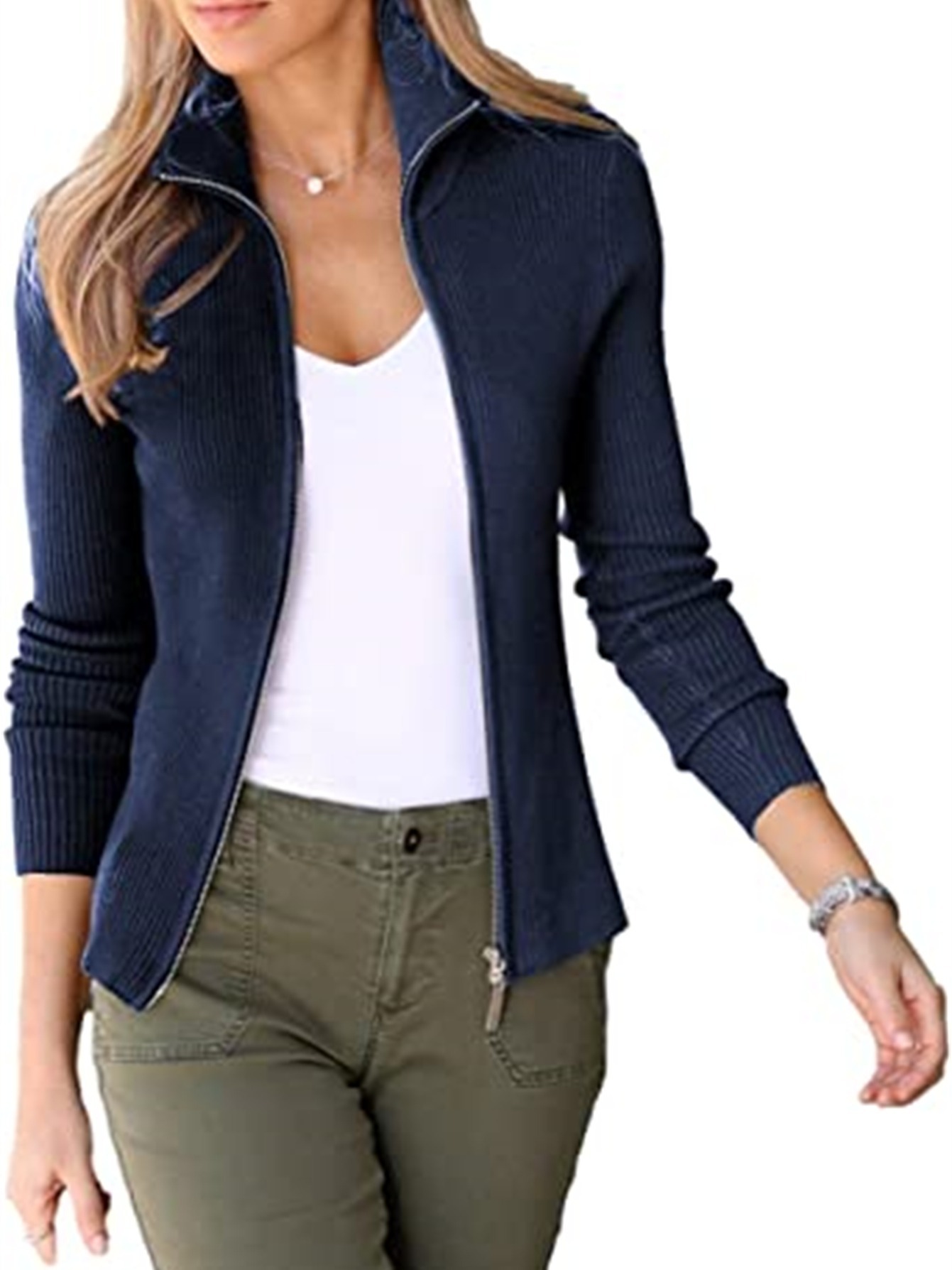 Women's Sweater Solid Color Lapel Ribbed Double Zip Long - Temu