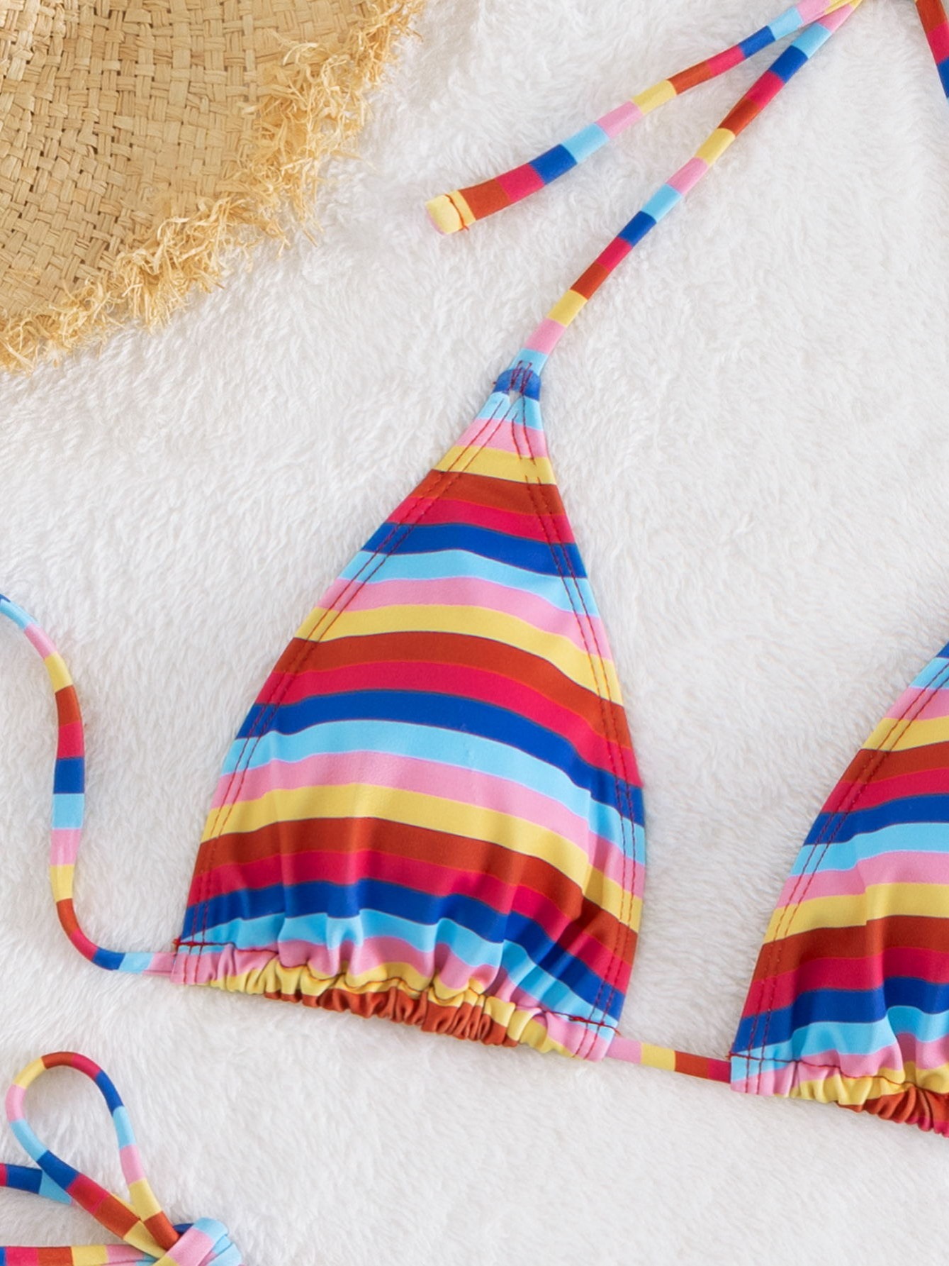 Rainbow Stripe Triangle Bikini Swimsuit Set, Halter Neck Tie Sie