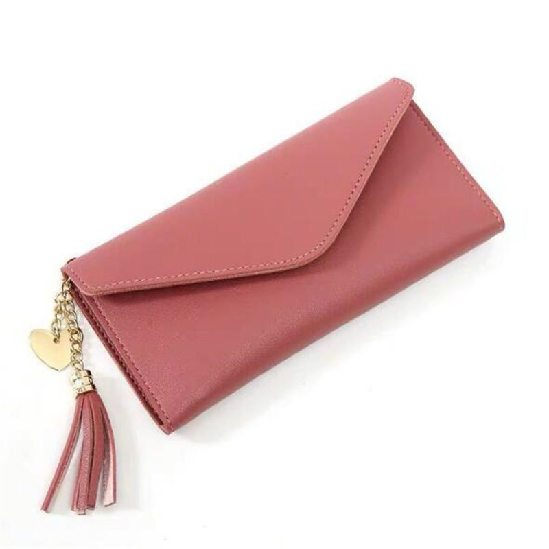 Women's Long Wallet, Trifold Multi-card Slot Tassel Decor Multi-functional Purse, With Heart-shaped Pendant