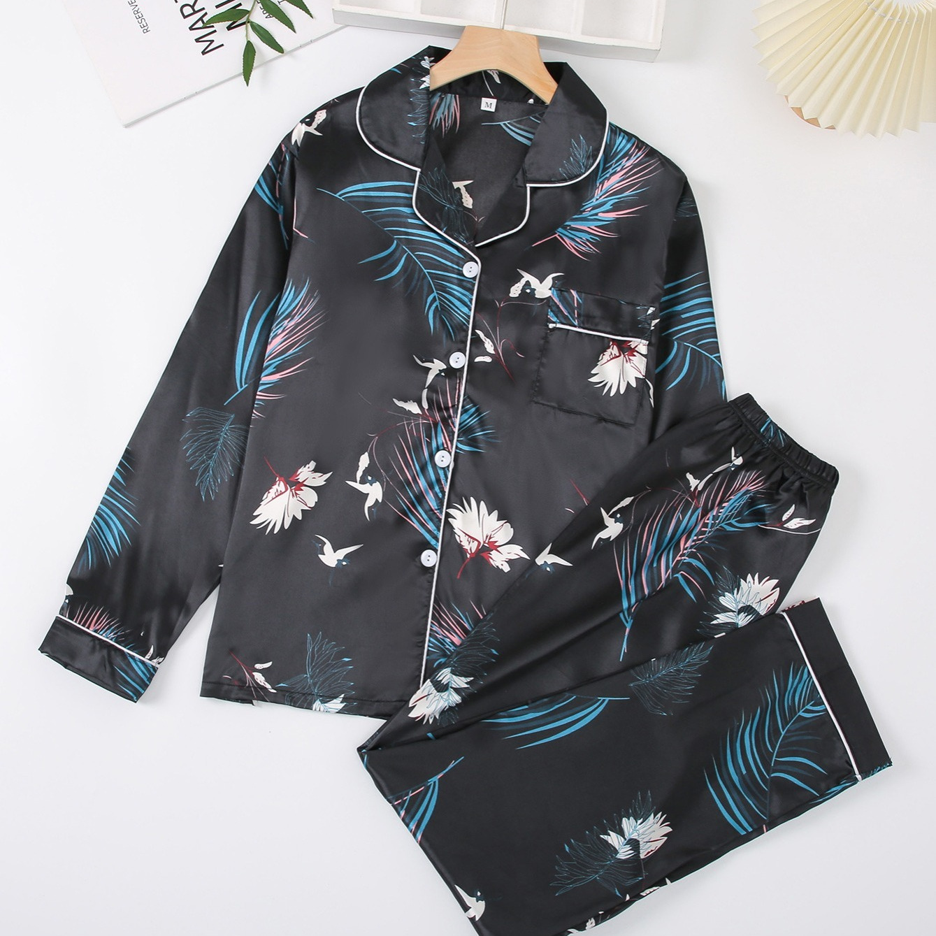 Women's Satin Floral Print Long Sleeve Pants Pajamas Set Clothing