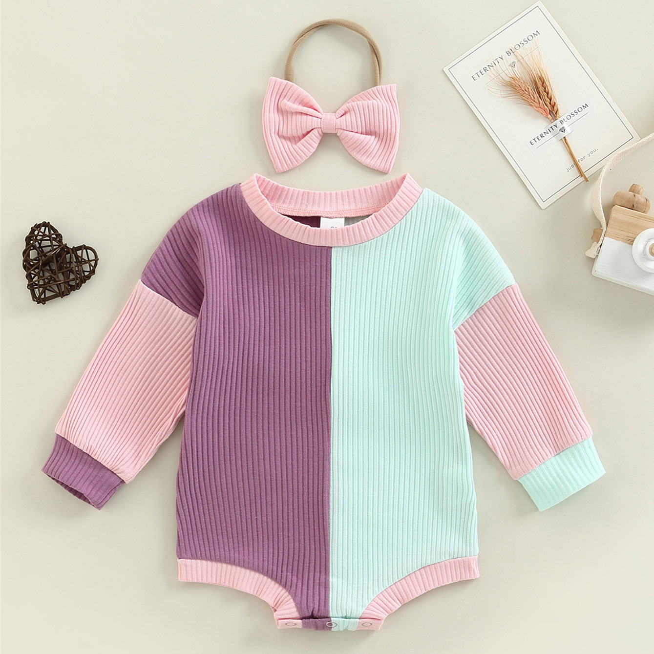 

Newborn Baby Girls Colorblock Romper Long Sleeve Onesies & Headband