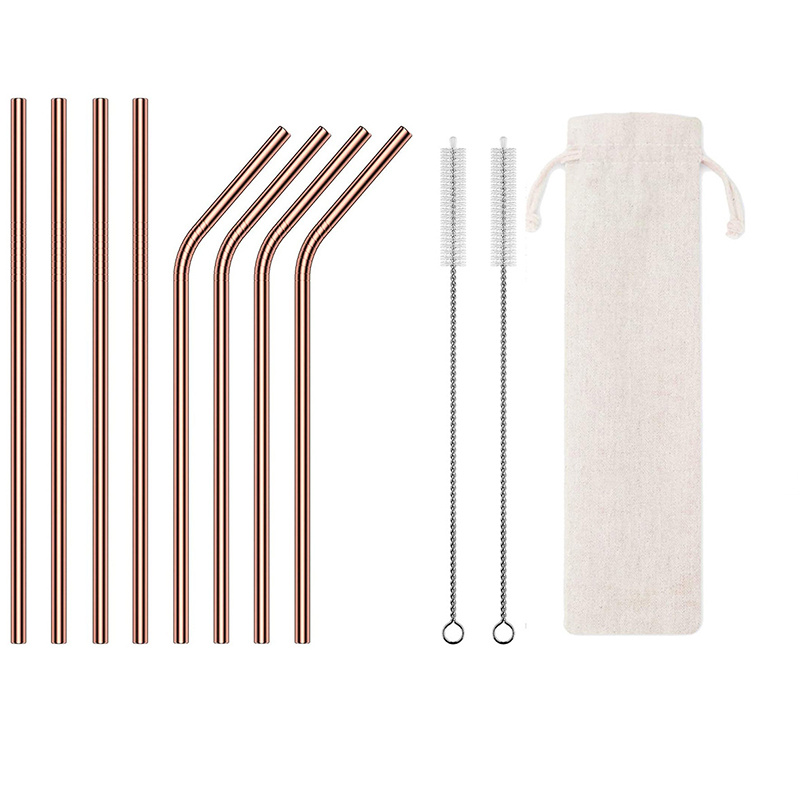 Eco Stainless Steel Straw Set 8 Straws 2 Brushes & Bag