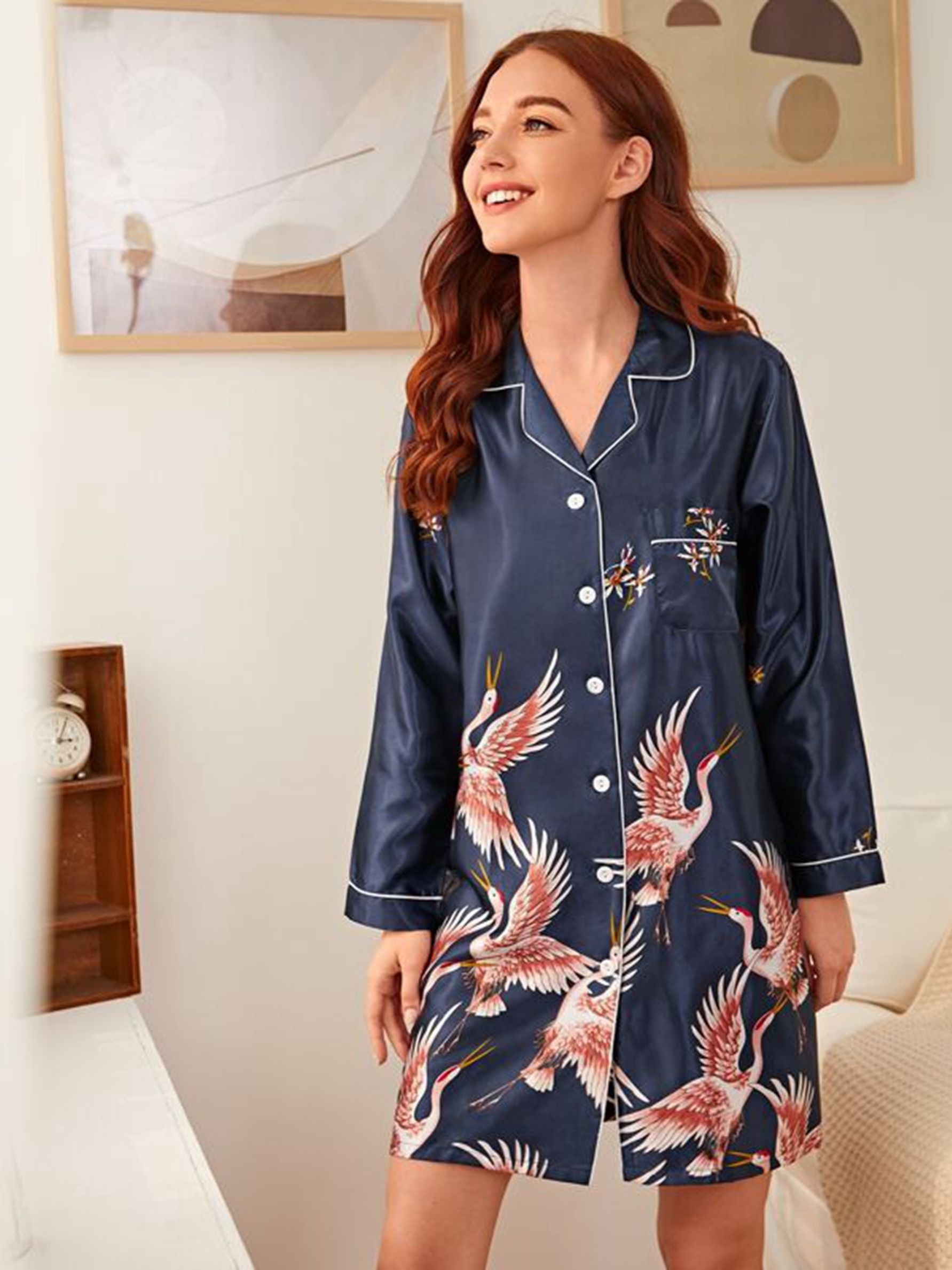 Women's Satin Long Sleeve Collared Pocket Pajama Dresses - Temu
