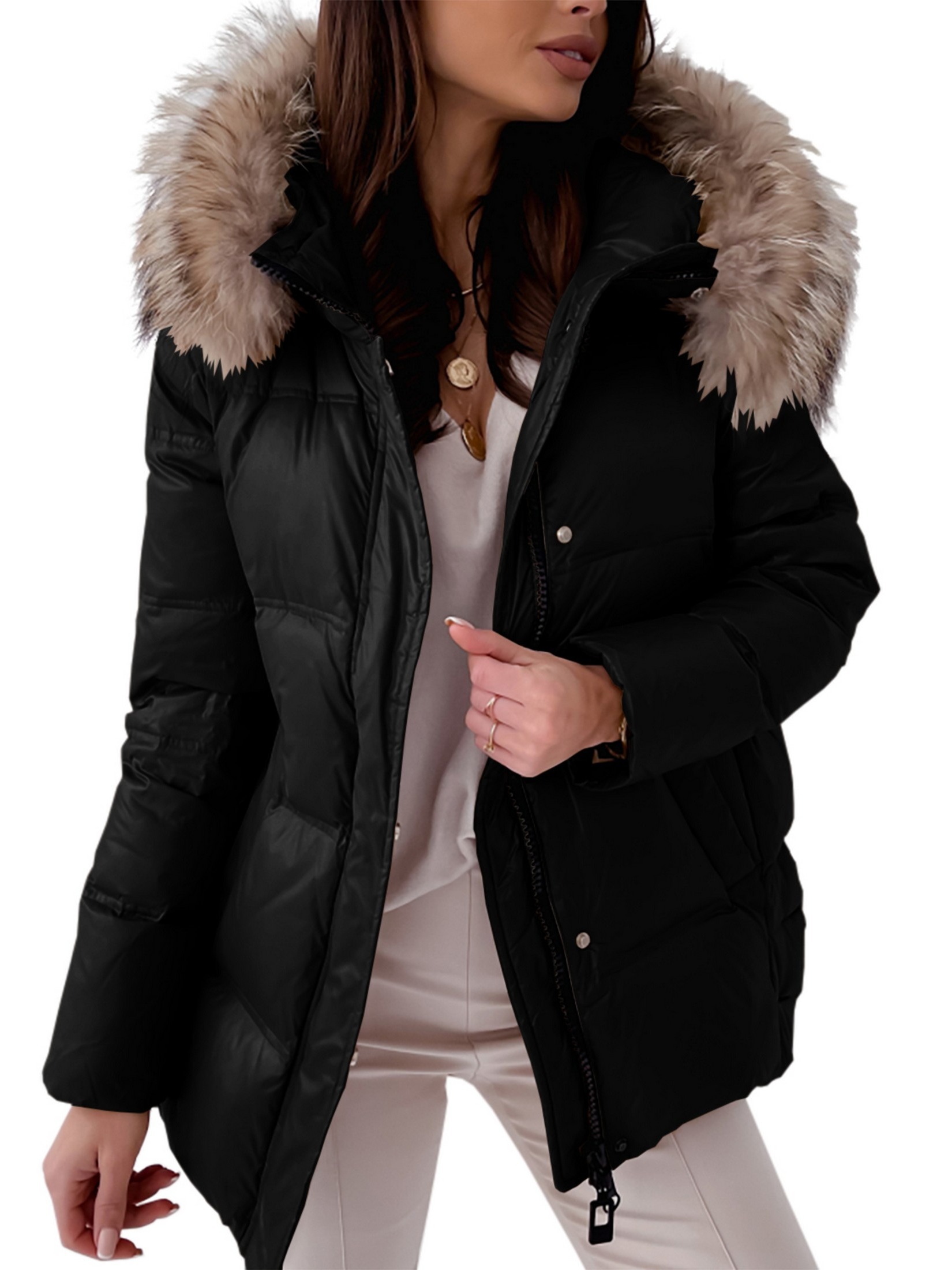 Mens Faux Fur Hoodie Zipper Casual Jacket Winter Warm Outwear