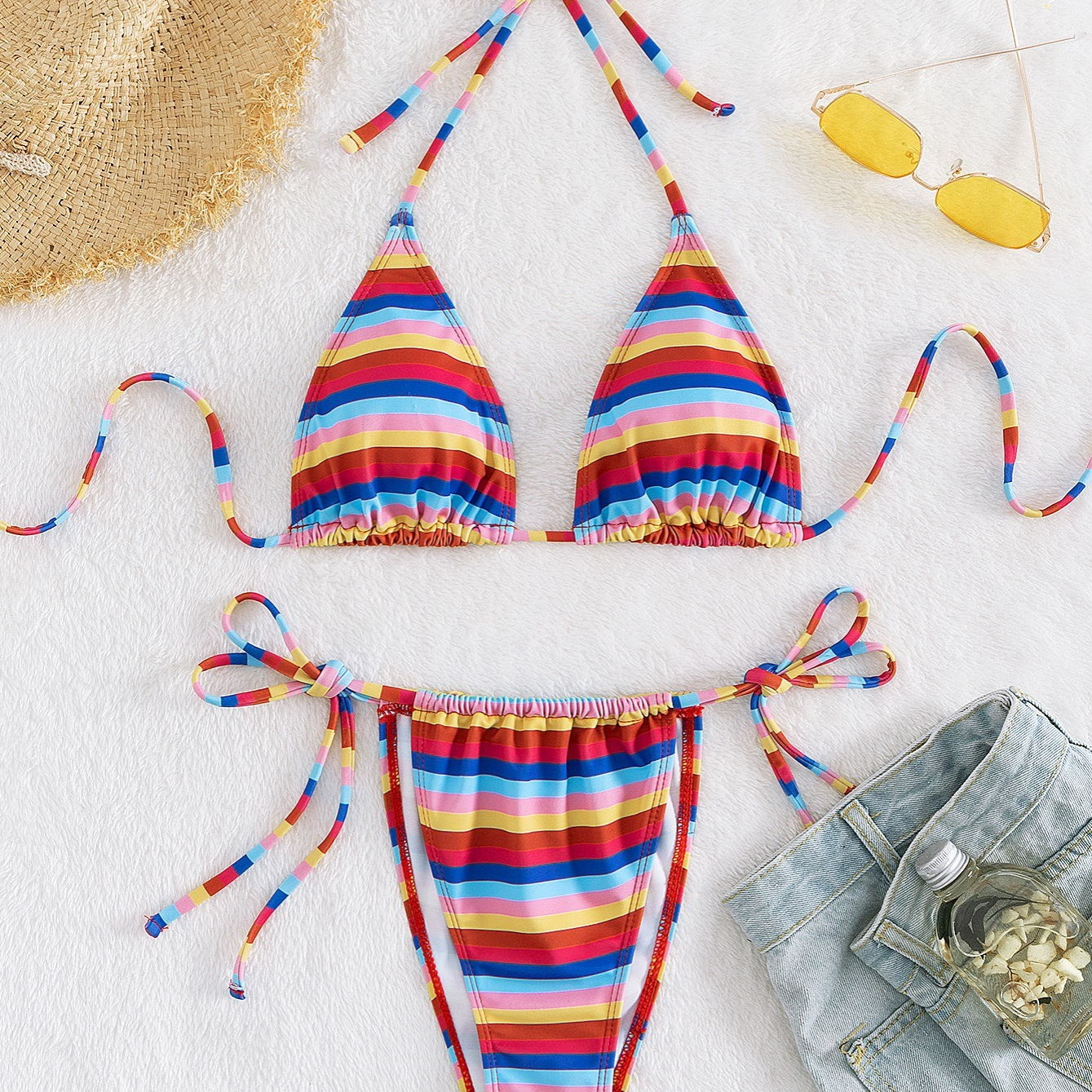 Rainbow Stripe Triangle Bikini Swimsuit Set Halter Neck Tie Sie Bikini