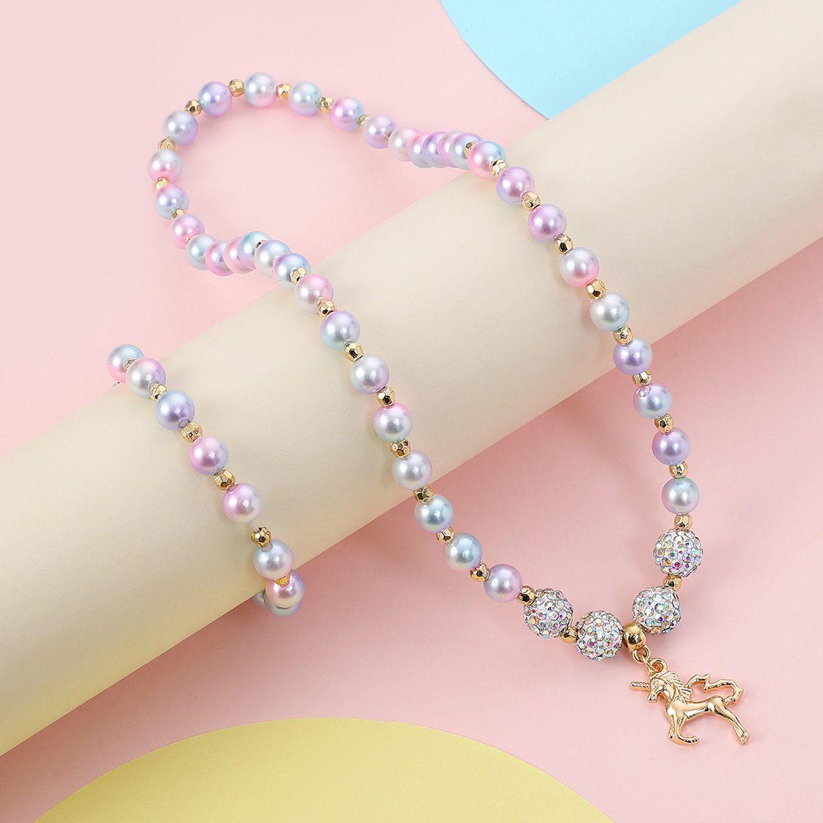 

Girls Bracelet Cartoon Unicorn Alloy Pendant Gradient Bead Bracelet Necklace Set