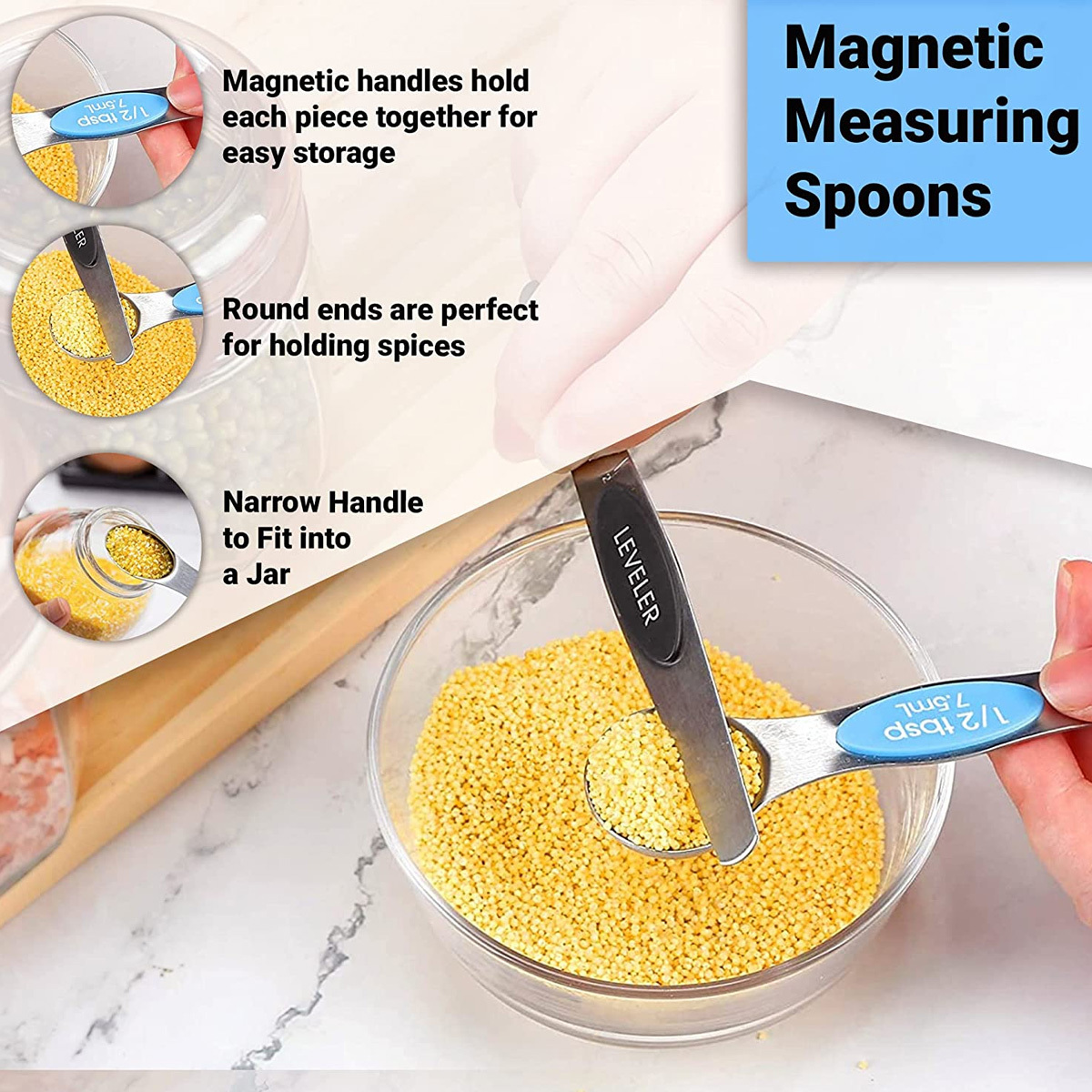 Magnetic Measuring Spoons Set of 7 Stainless Steel Metal Double Sided  Teaspoon Tablespoon for Dry and Liquid Ingredients