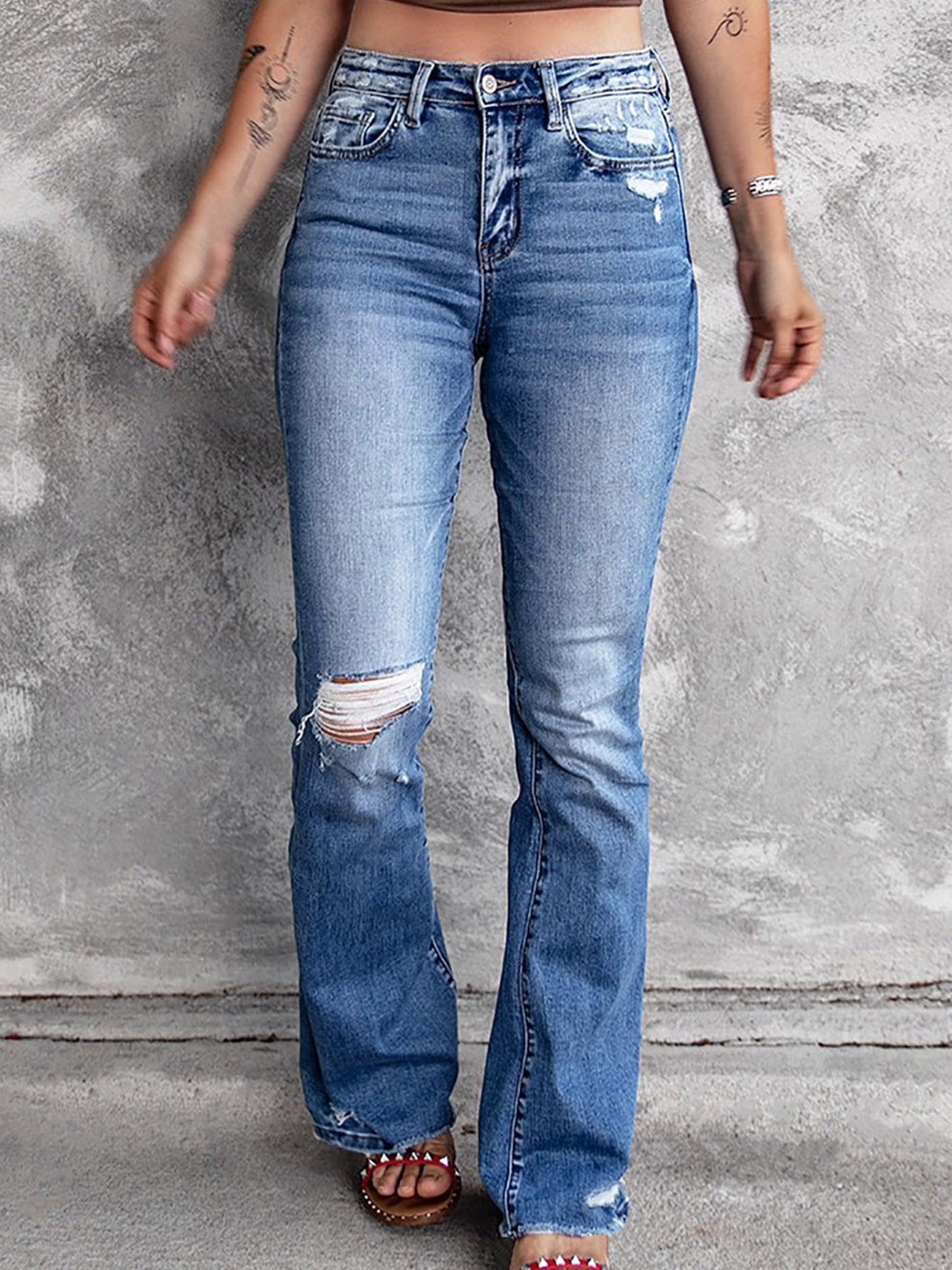 Bell Bottom Ripped Flared Jeans, Boot-Cut Slash Pockets Wide Legs Denim  Pants, Women's Denim Jeans & Clothing