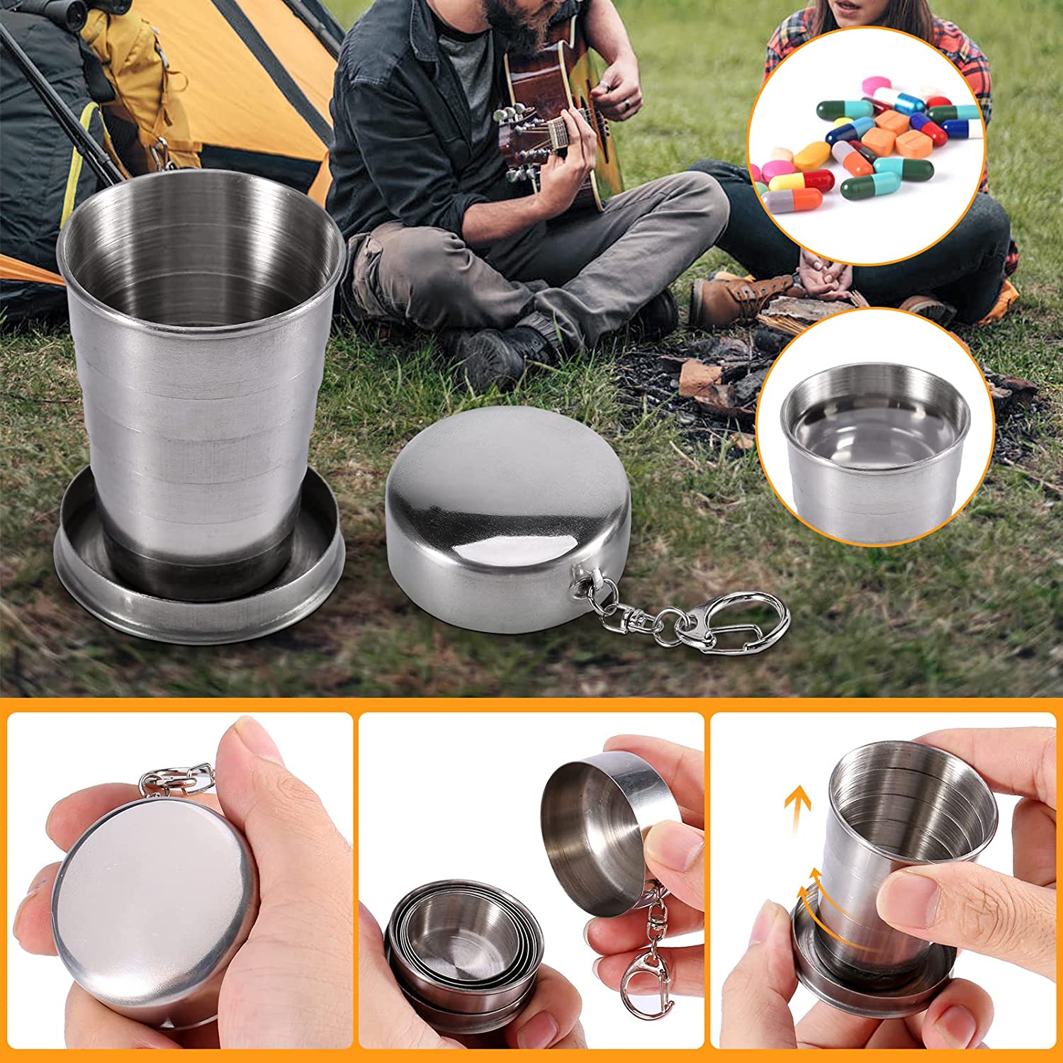 Ultralight Stainless Steel Folding Cup With Keychain Lid Portable And