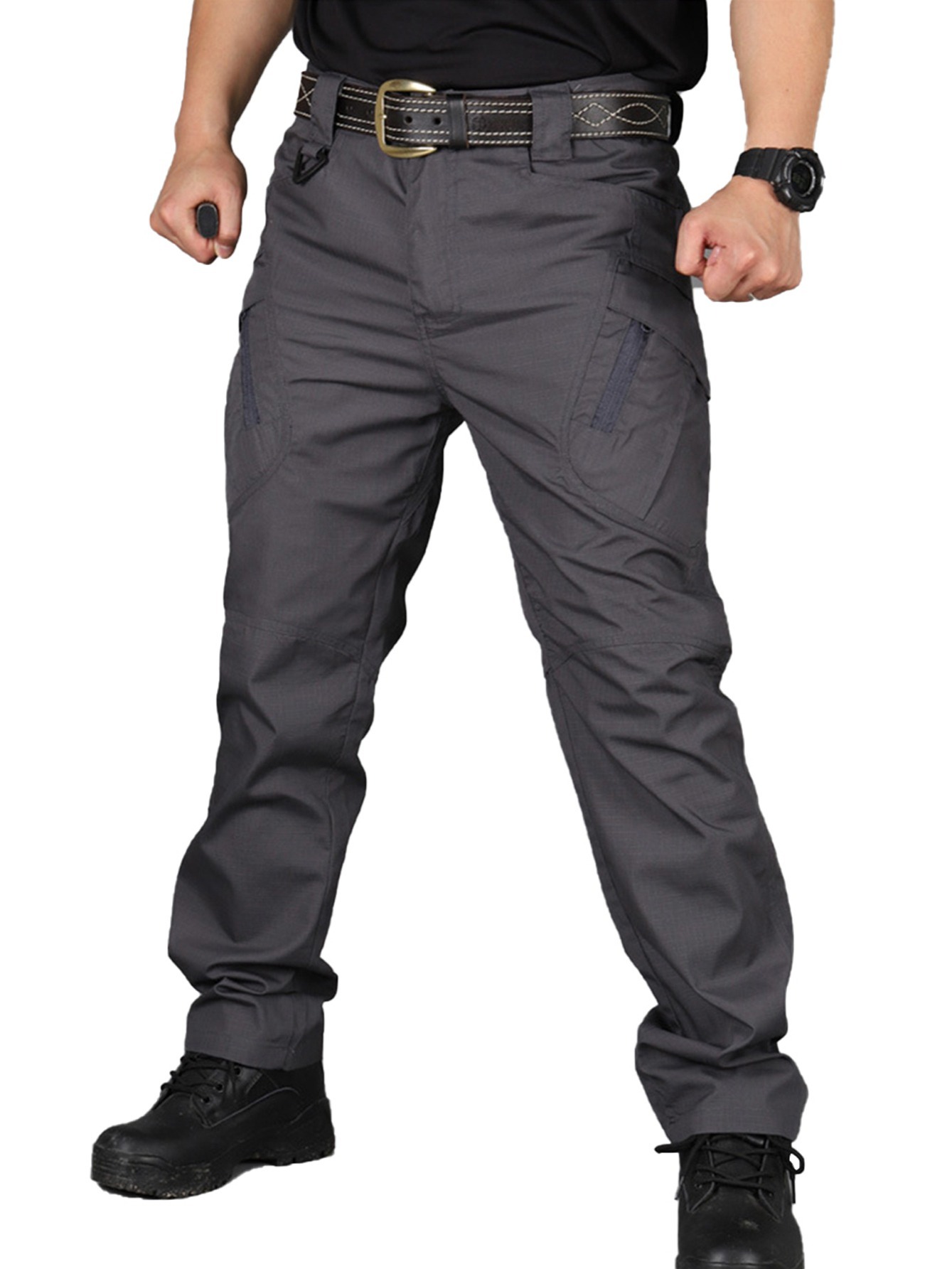 Zip Up Multi Pocket Solid Sports Pants, Sweatpants, Men's Non-Stretch Waterproof Lightweight Hiking Work Multi Pockets Cargo Pants With,Temu