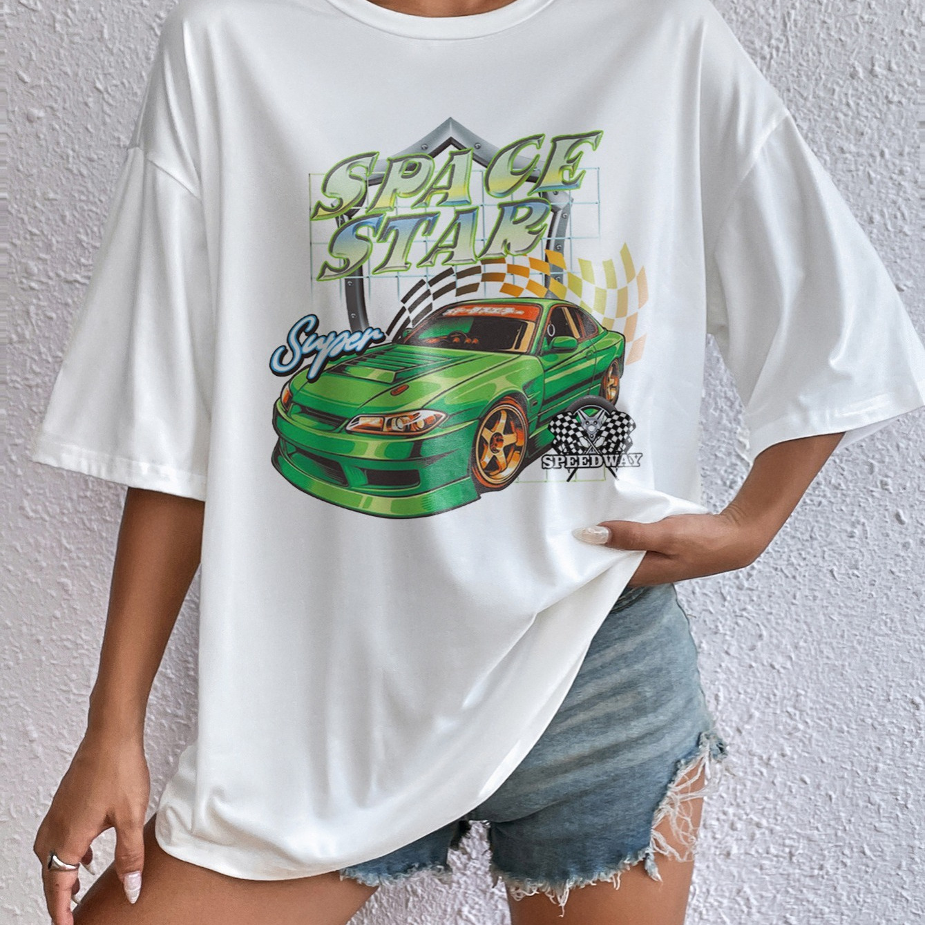 

Women's Round Neck Oversized Shirt Car Graphic Tee Loose Casual T-shirt Short Sleeve Summer Top