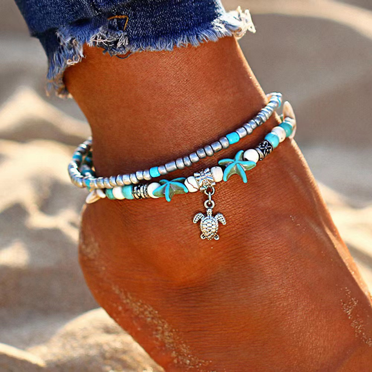 

Beaded Charm Anklet Chain Starfish & Turtle Shaped With Colorful Rice Beads Beach Foot Jewelry Adjustable For Women And Girls