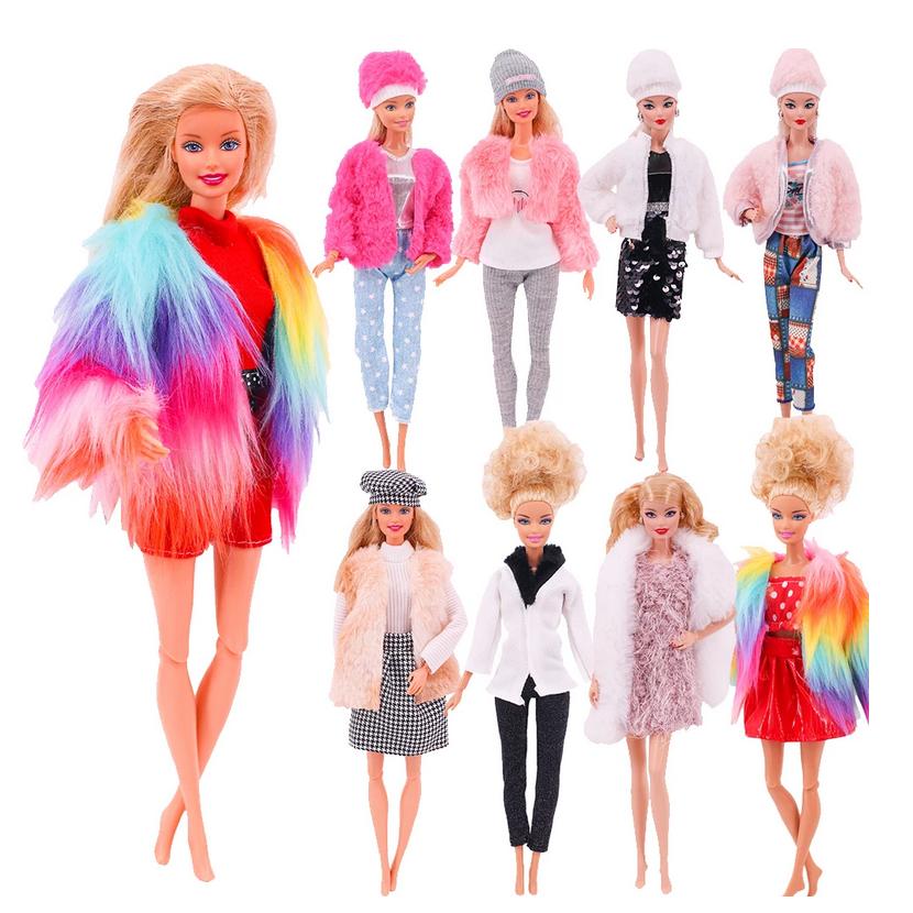 Nova boneca roupas moda casaco de pelúcia topos calças chapéus acessórios  casuais para barbie bjd boneca brinquedos crianças presente menina vestido  sapatos