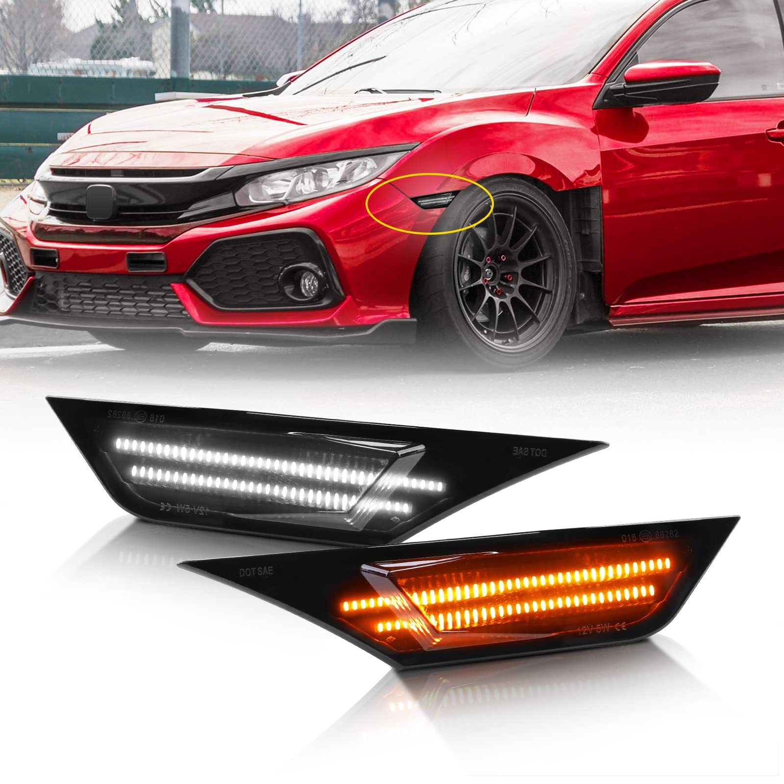 2pcs Honda Civic Turn Signal Light Smoke Lens White Full Led Bulb Front