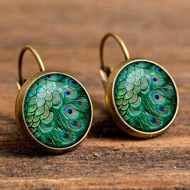 Vintage Peacock Feather Pattern Gemstone Earrings