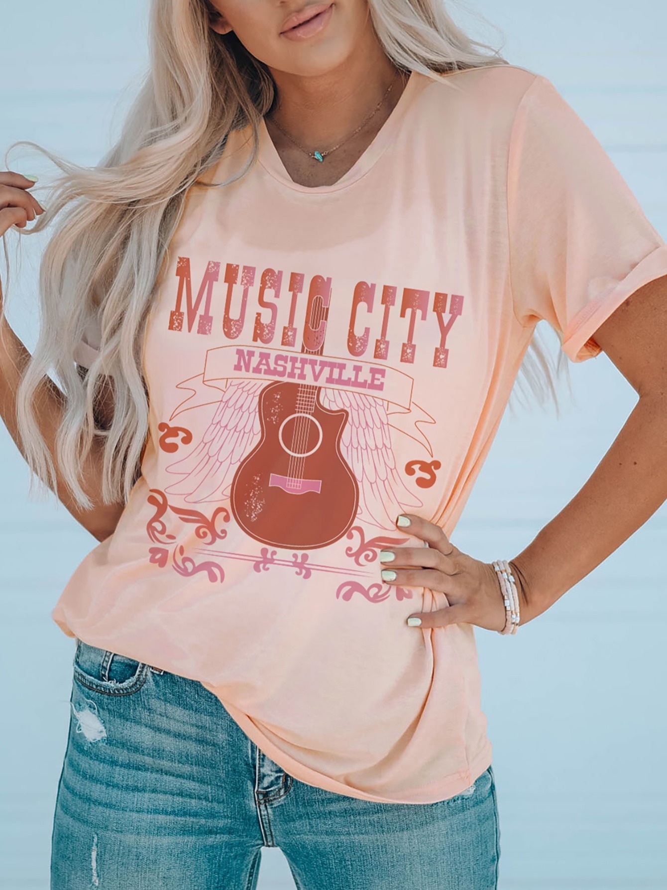 Letter Music City Guitar Graphic Tee Women Summer Versatile - Temu