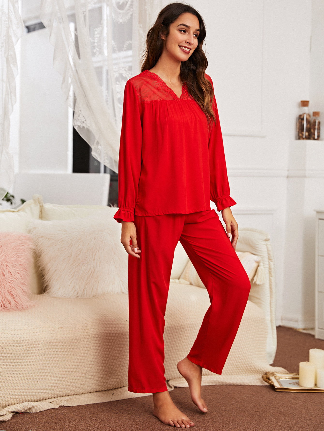 Women Sleepwear Set V Neck Top Pants Modal Pajamas Nightwear, Red, XL