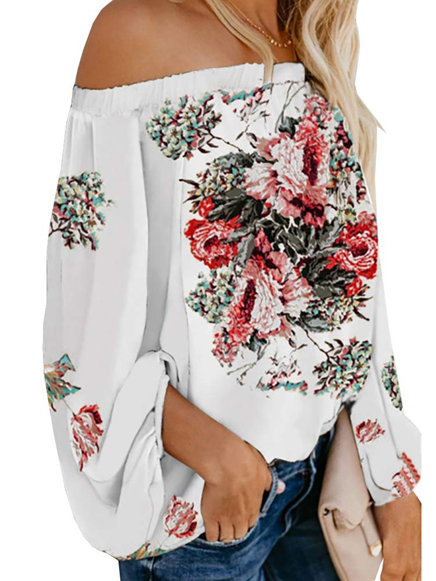 Sexy Shoulder Chiffon Fluffy Blouses Floral Print Casual - Temu