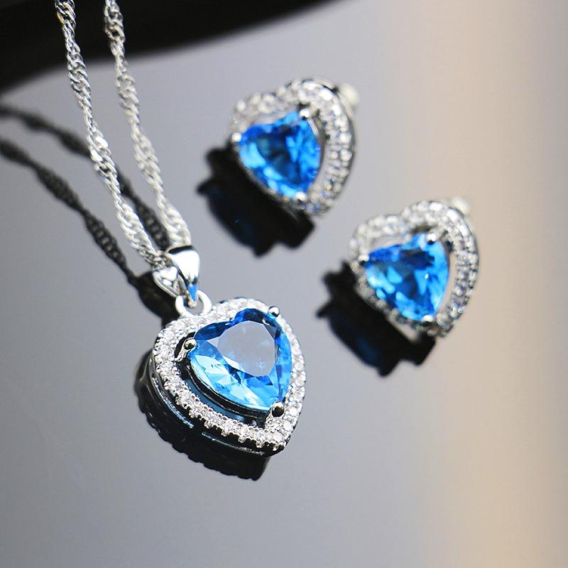 Fashion Blue Crystal Water Drop Necklace Studded Earrings Set Gem Stone