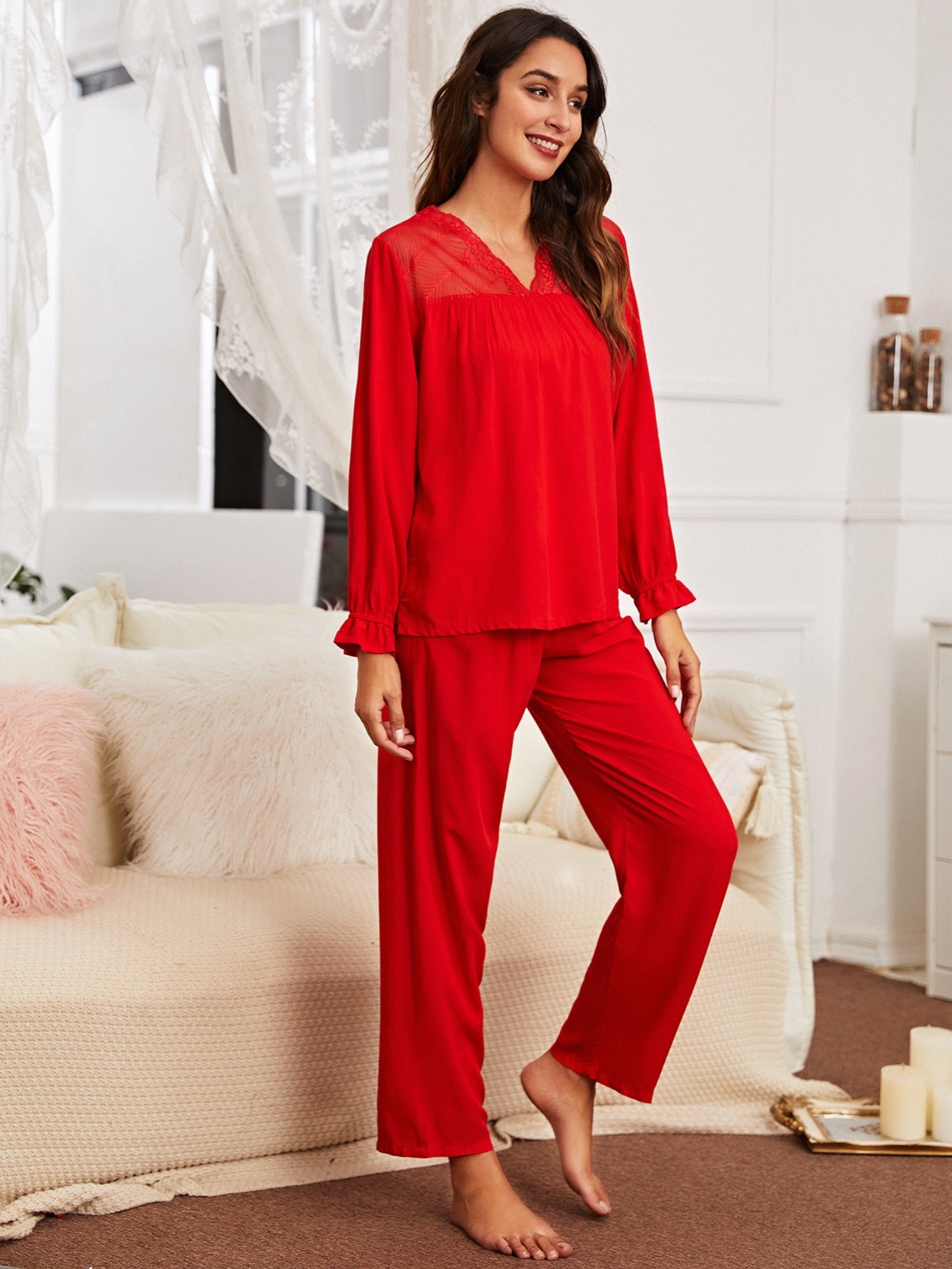 Contrast Lace Pajama Set Long Sleeve Lace Robe V Neck Cami - Temu