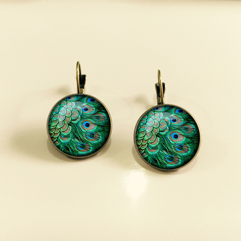 Vintage Peacock Feather Pattern Gemstone Earrings