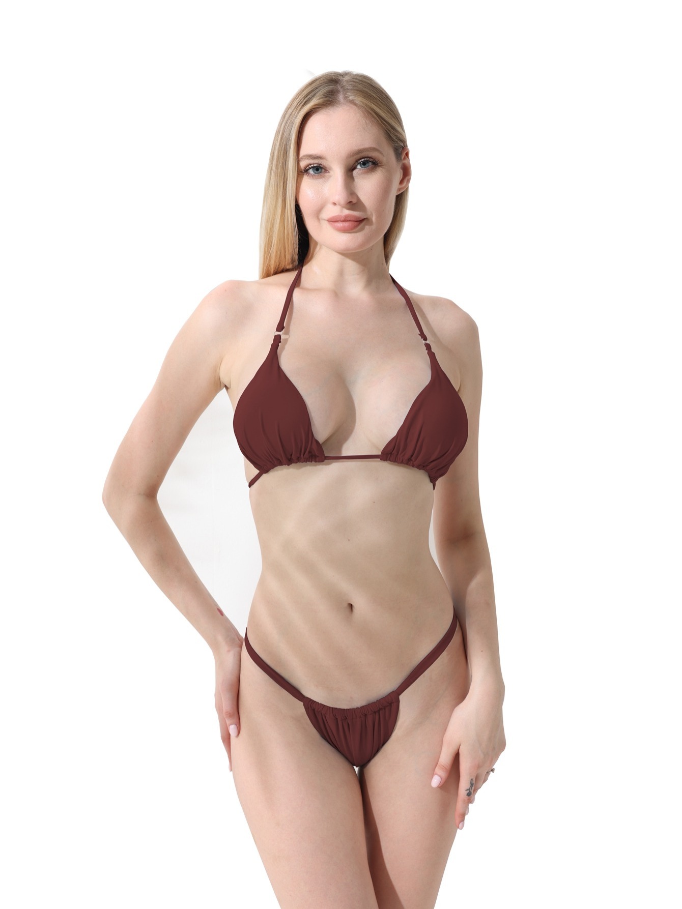 Ruched Halter Neck Bikini Sets Double Buckle Back String - Temu