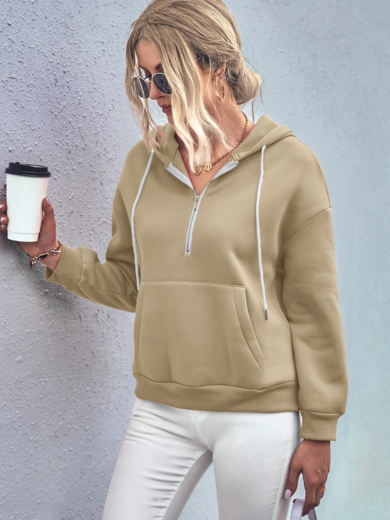 Khaki zip hoodie online women's