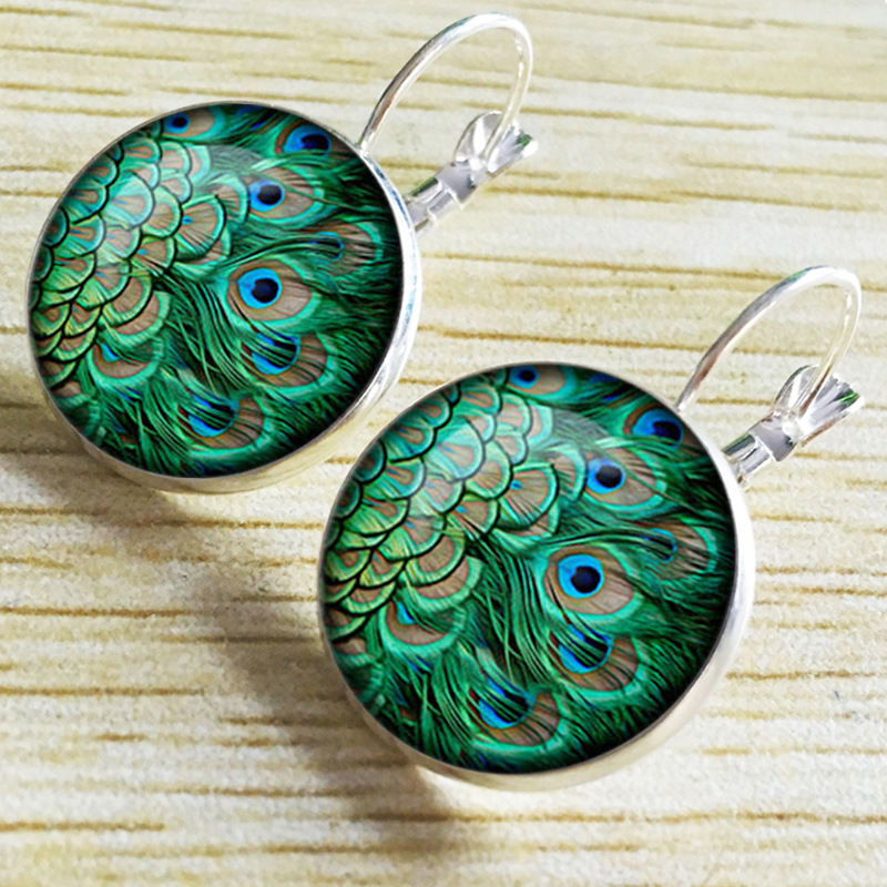 Vintage Peacock Feather Pattern Gemstone Earrings