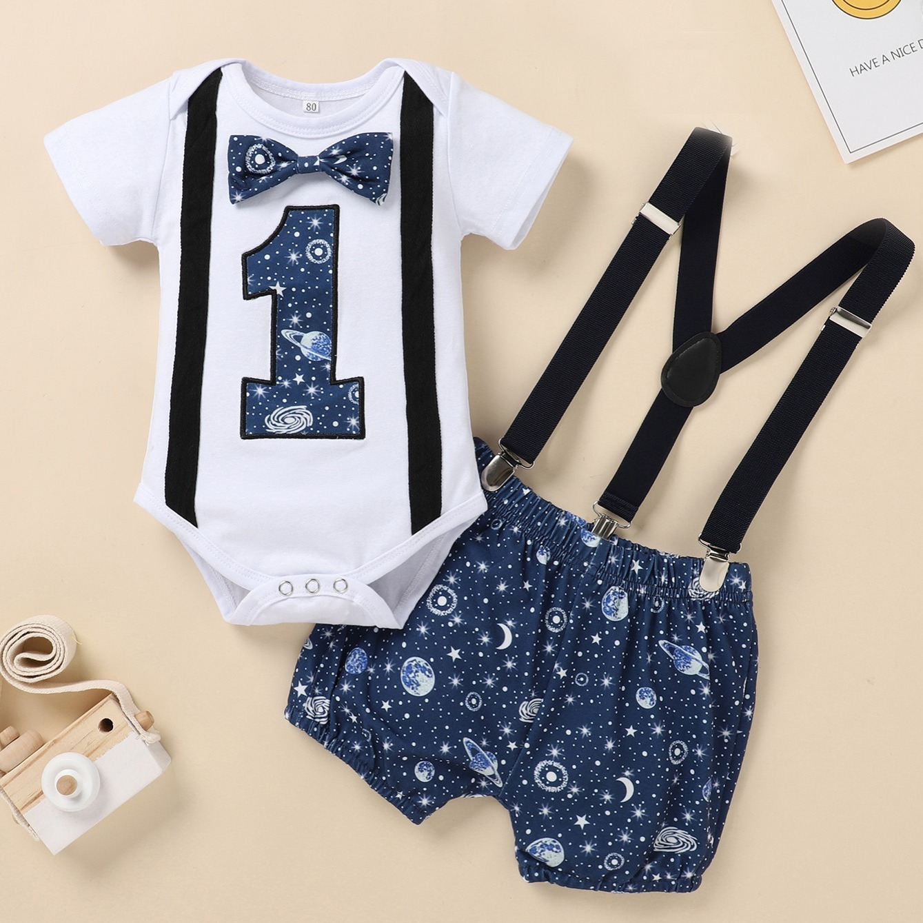 

Cotton Short Sleeve And Overalls Pants Set With Digital Print With Star Pattern For 1st Birthday Party