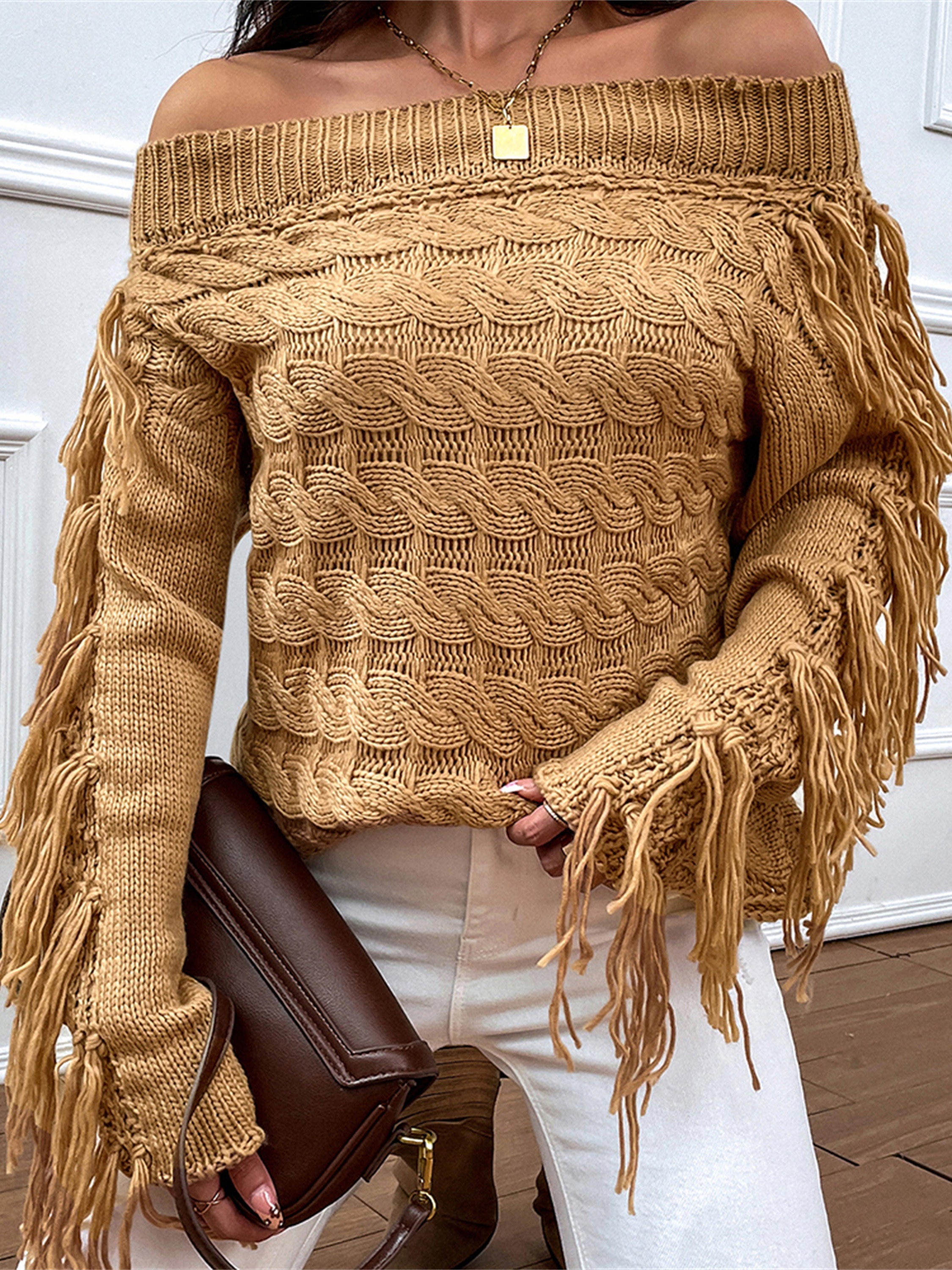 One Shoulder Fringe Sweater Casual Solid Long Sleeve Loose Temu