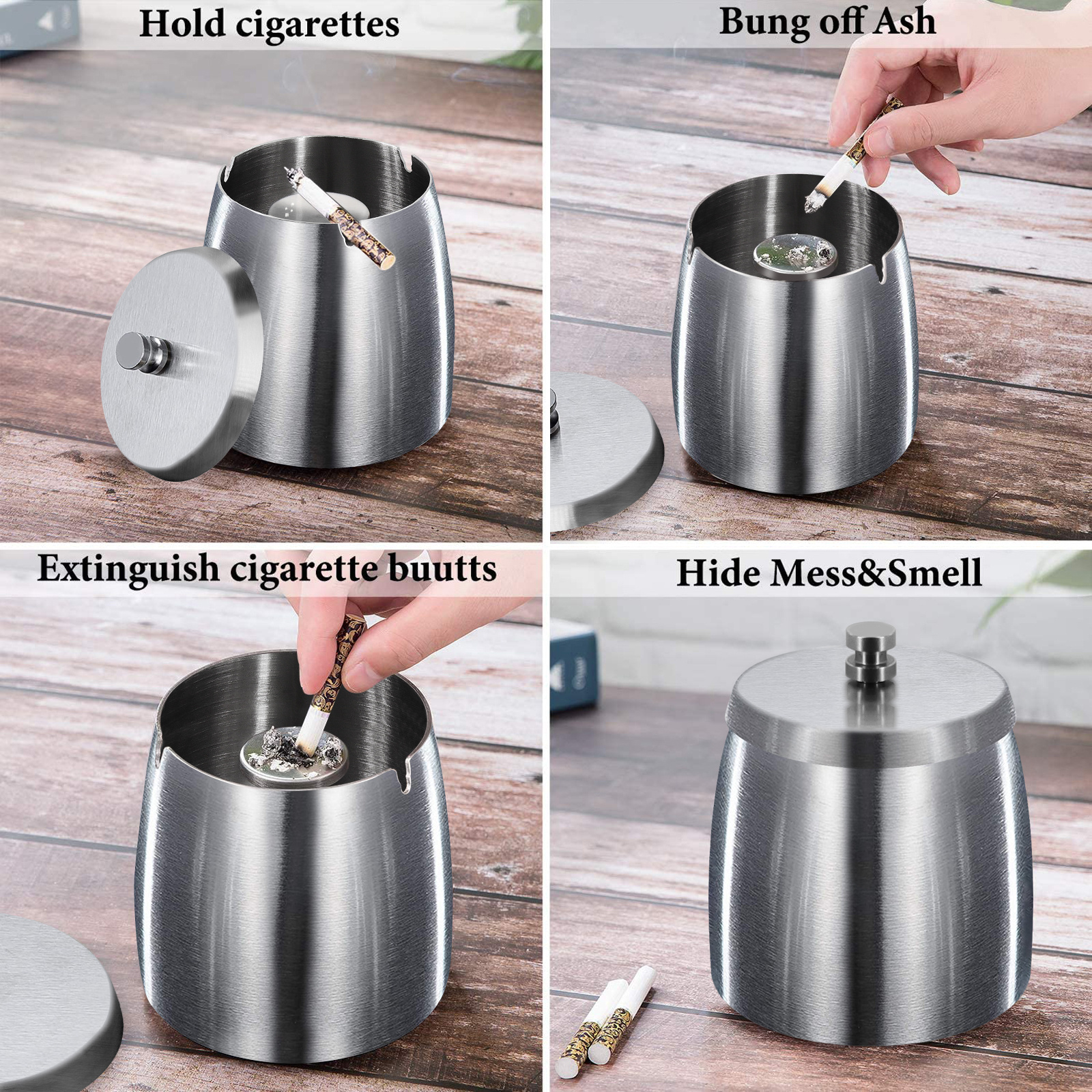1pc Stainless Steel Ashtray With Lid Windproof Outdoor - Temu