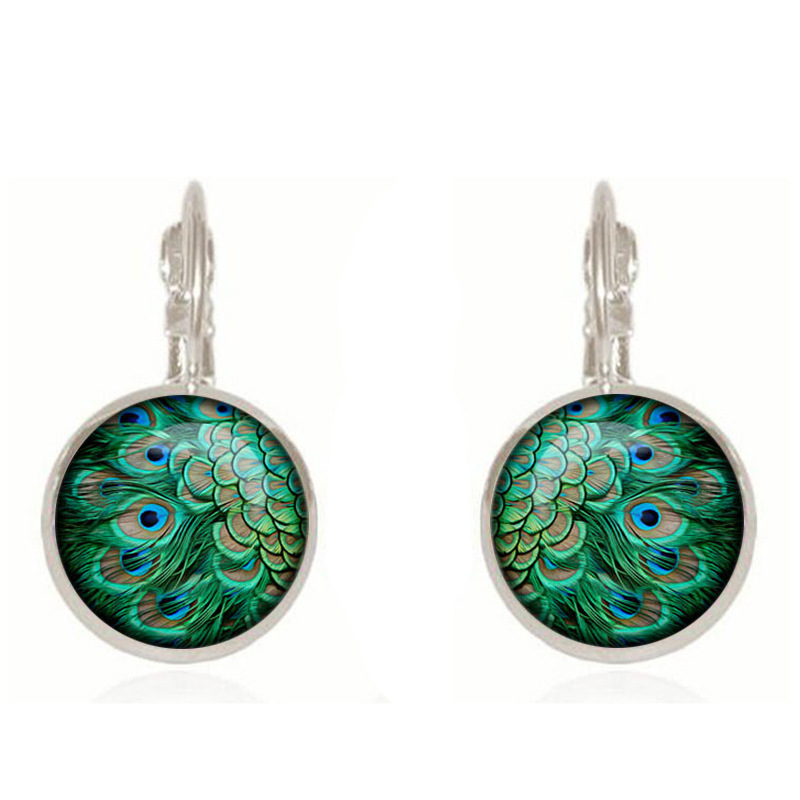 Vintage Peacock Feather Pattern Gemstone Earrings