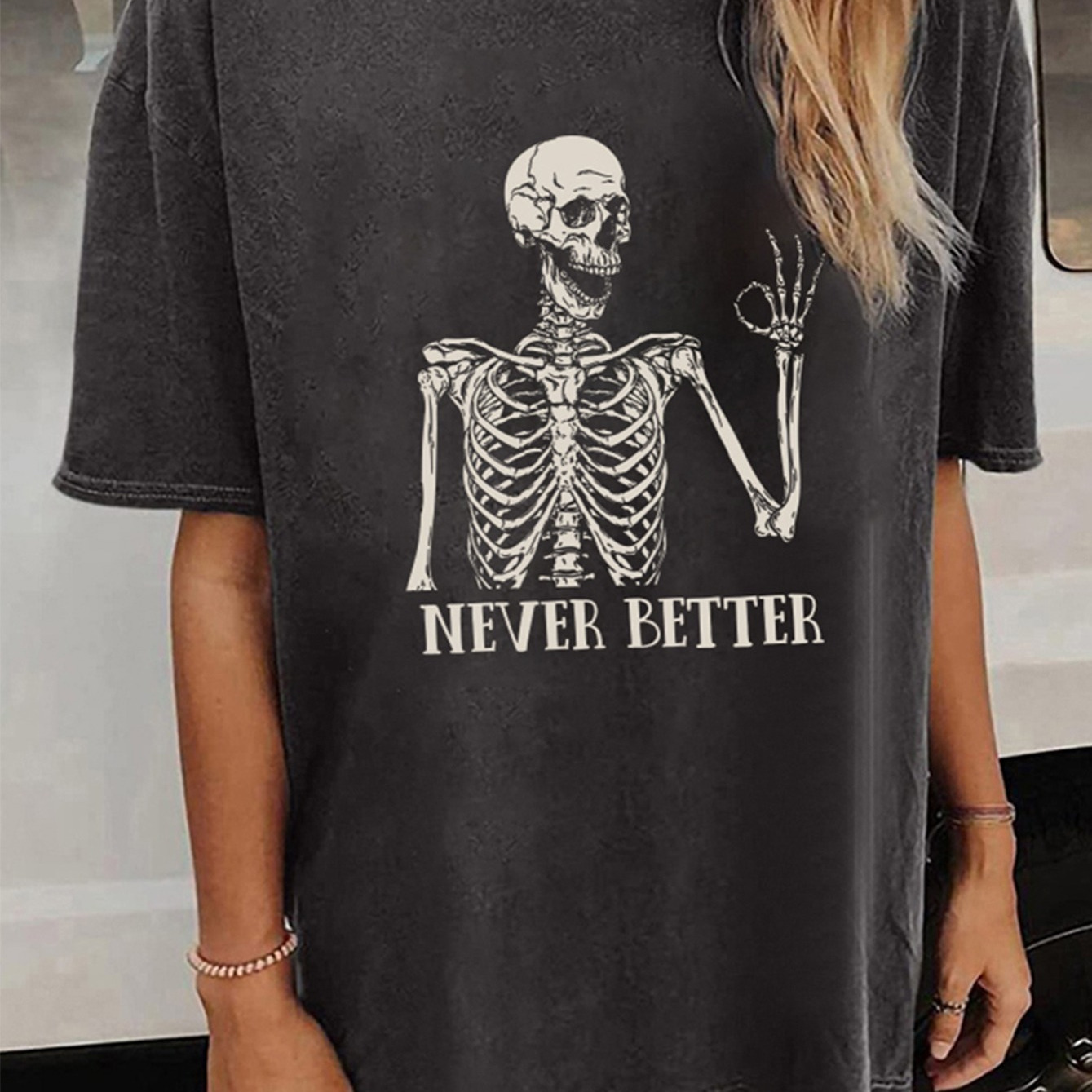 

Halloween Drop Shoulder T-shirt Casual Vintage Never Better Skull Print Crew Neck Loose Short Sleeve Fashion Tops Women's Clothing