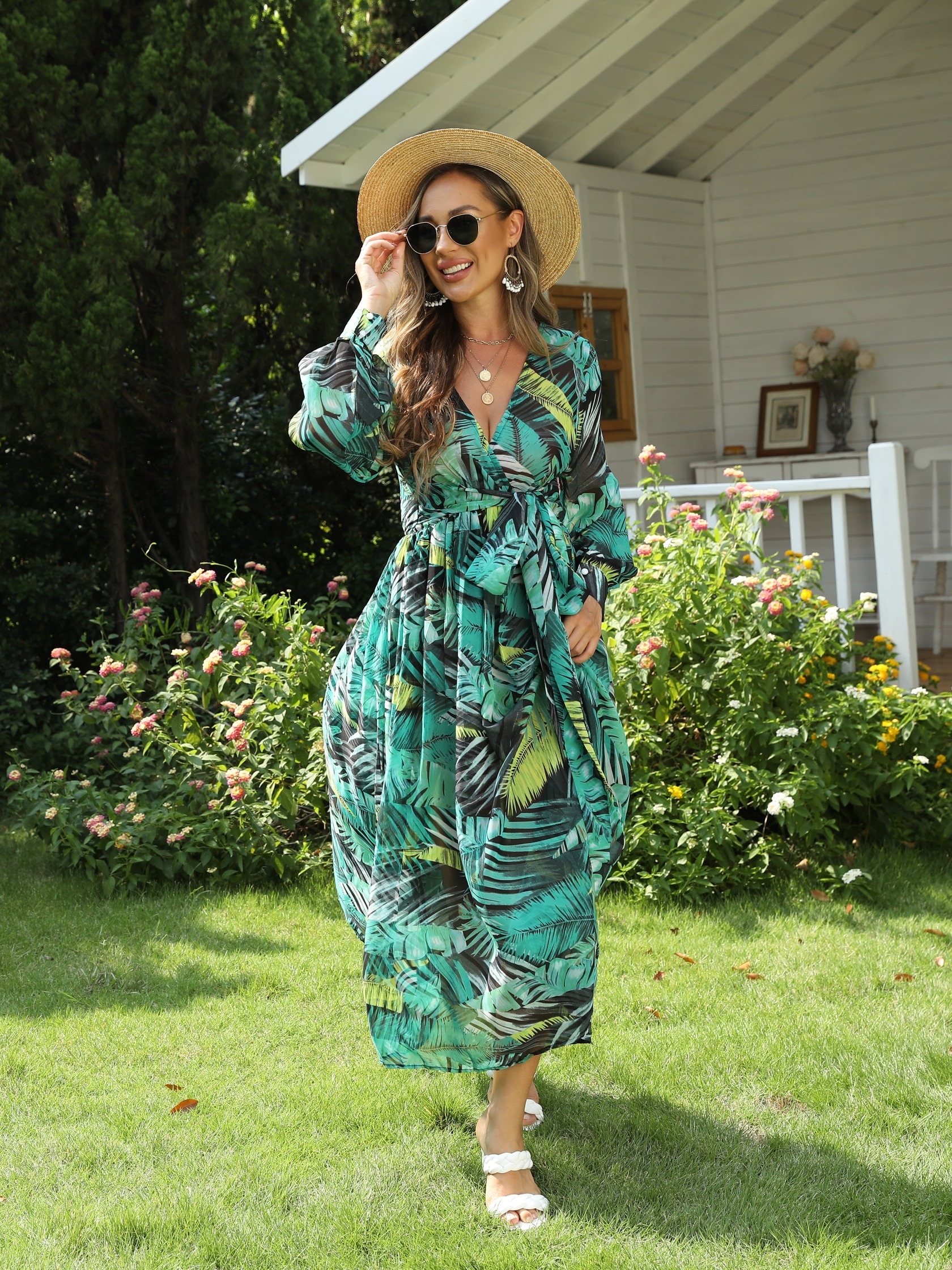 Vestidos de mujer estampado de palmas verdes, vestido largo de verano para  playa, vestidos casuales elegantes para cubrir.