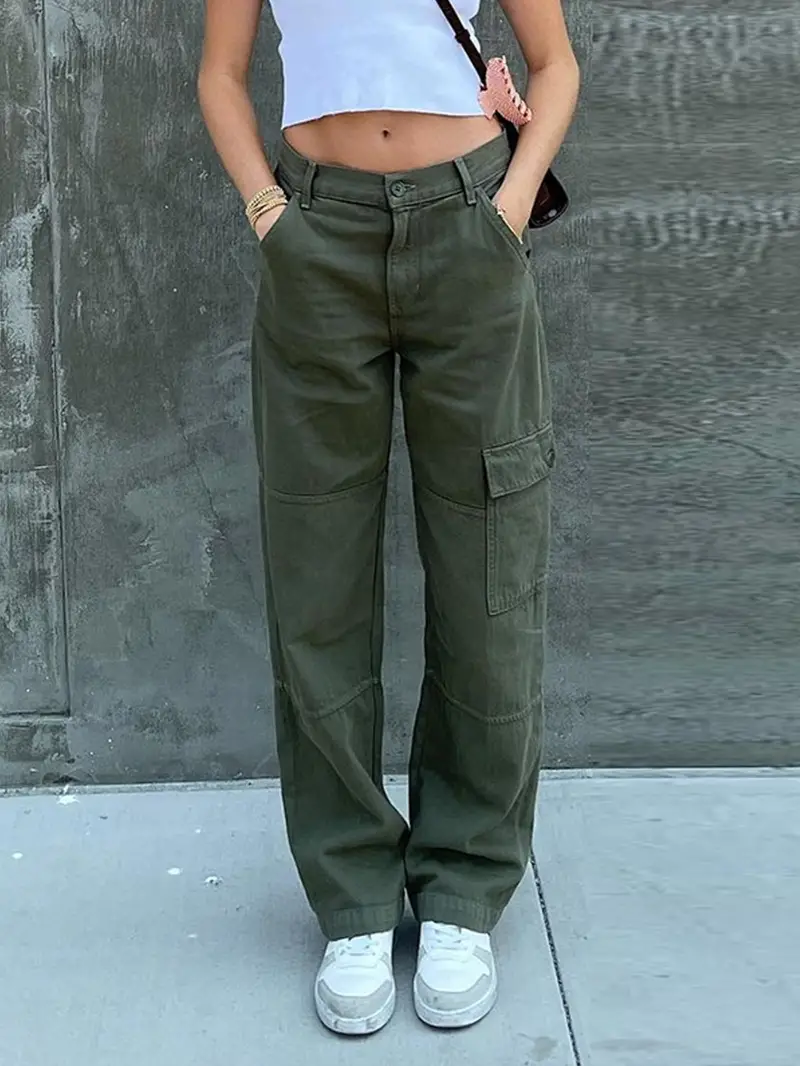 One Side Square Pocket Wide Leg Cargo Pants, Loose Baggy Fit Straight ...