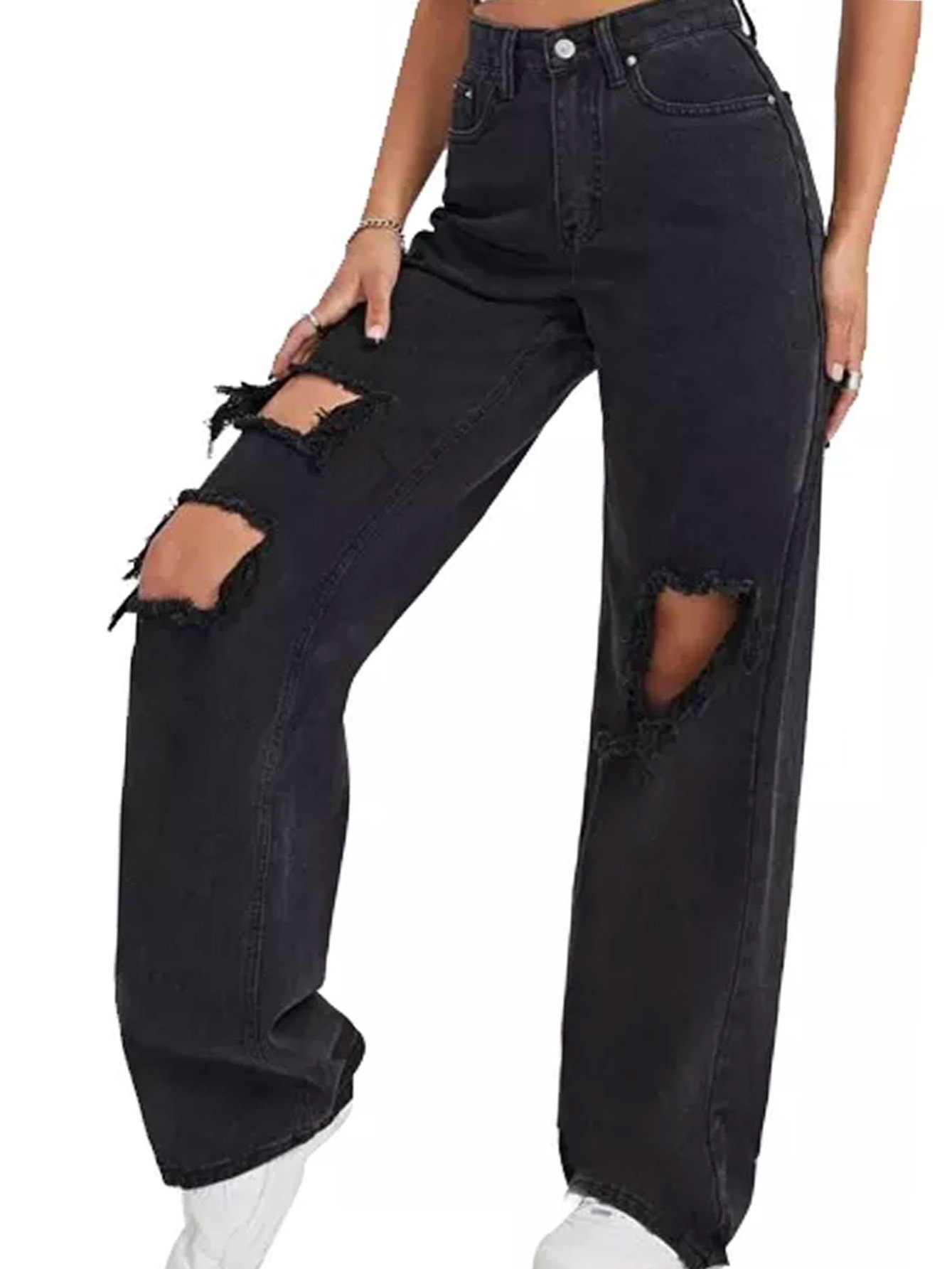 Ripped Black High Strech Slim Fit Jeans, Distressed Slant Pockets High *  Denim Pants, Women's Denim & Clothing