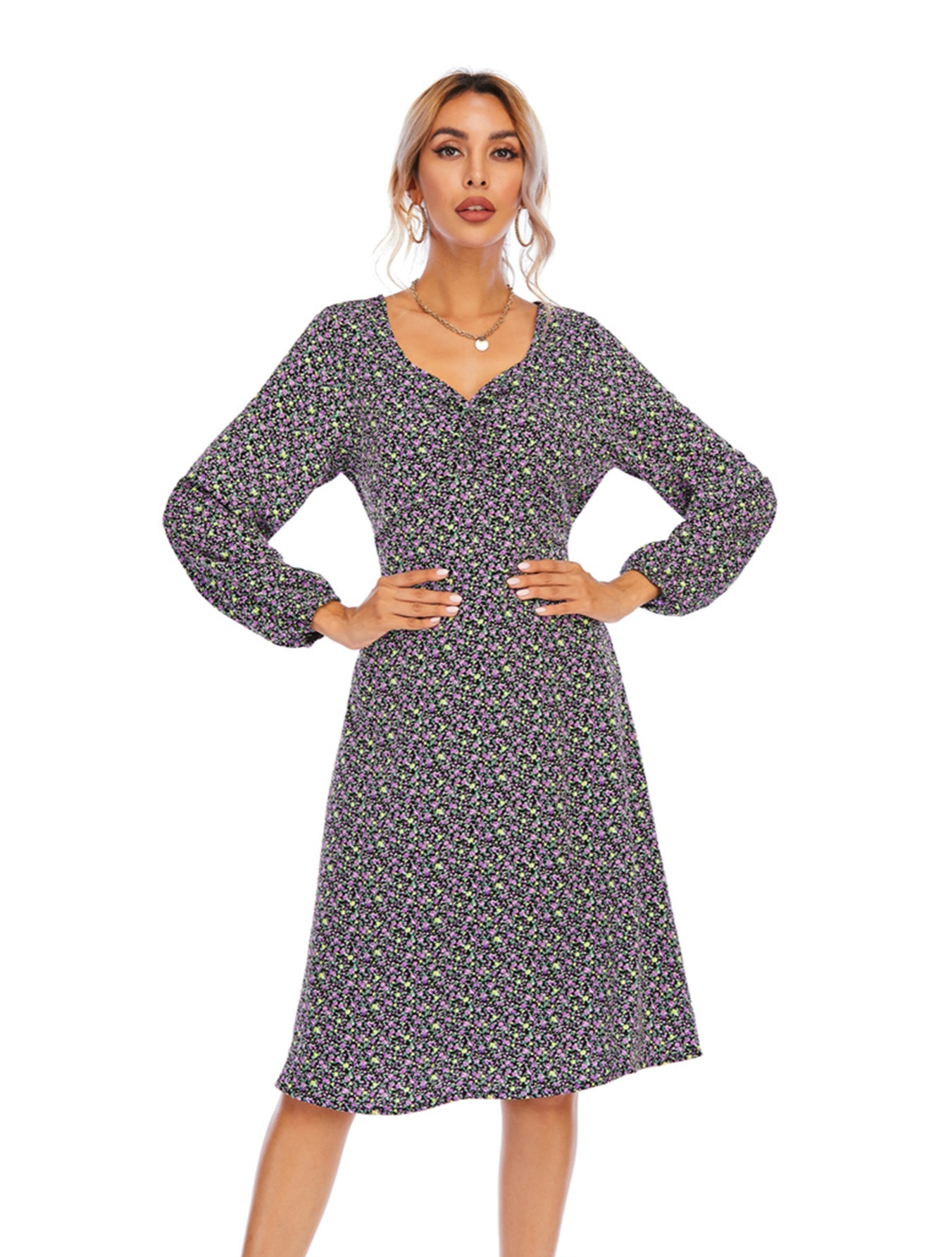 Miayilima Dresses for Women 2023 Women Floral Sleeve Dress Long Casual  Fashion A-Line Print V-Neck Slim Short Women's Dress