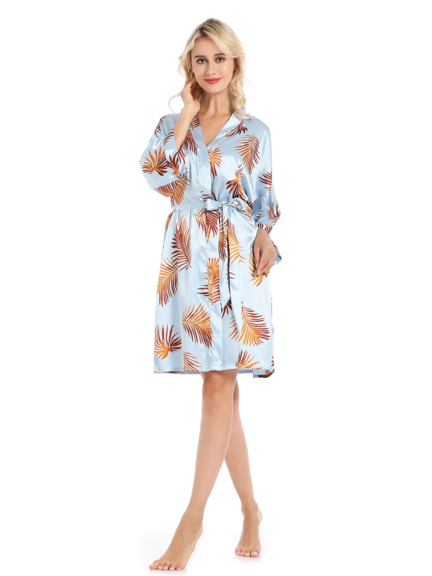 Leaf Print Satin Night Robe Elegant Long Sleeve V Neck Robe - Temu