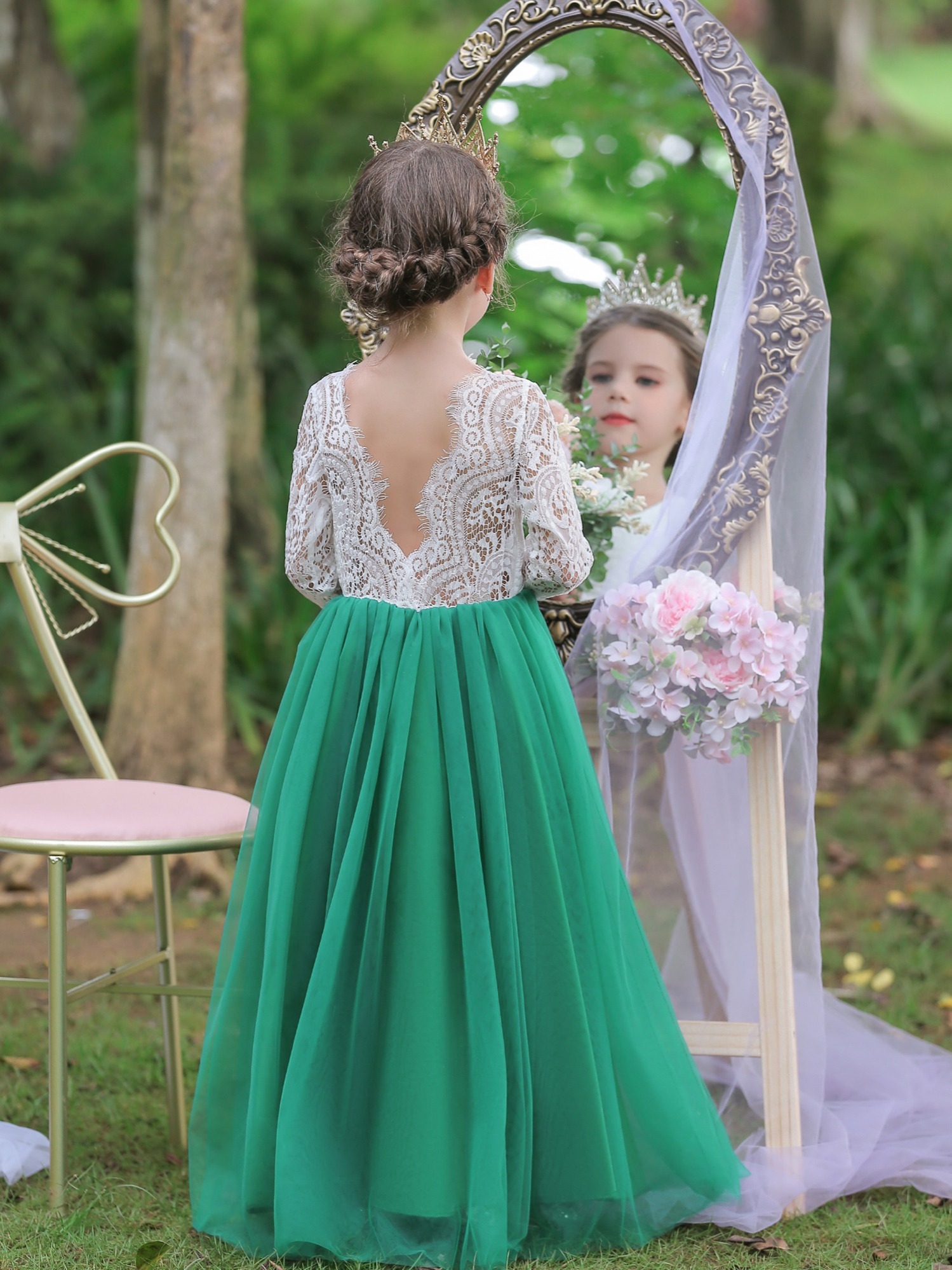 Emerald Green Lace Tulle Formal Flower Girl Dress for Special