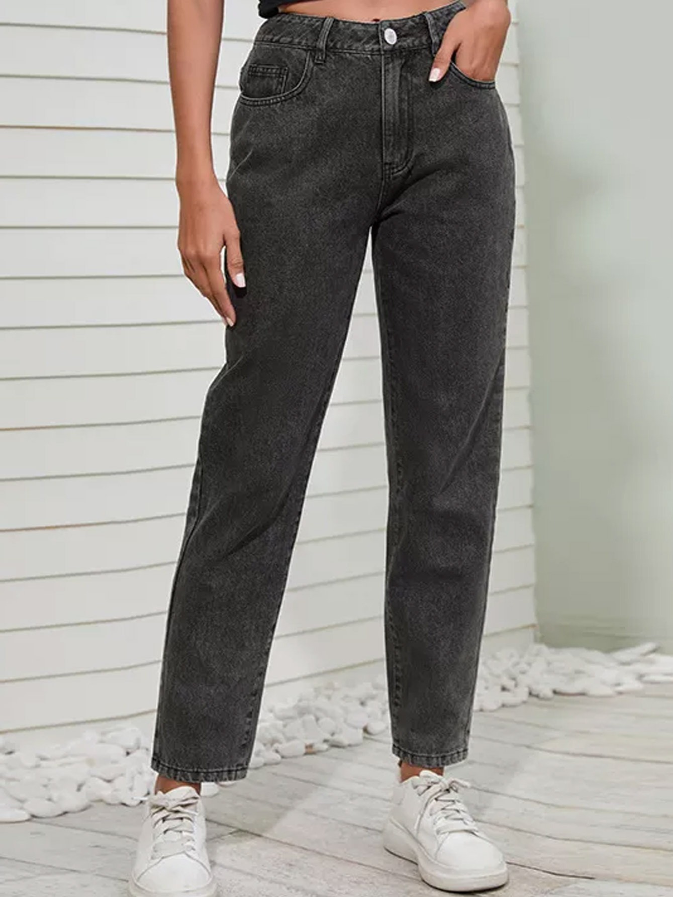 Pantalones de mezclilla negros lavados clásicos, pantalones de mezclilla de  tiro alto con bolsillos oblicuos de cintura alta, jeans y ropa de mezclill