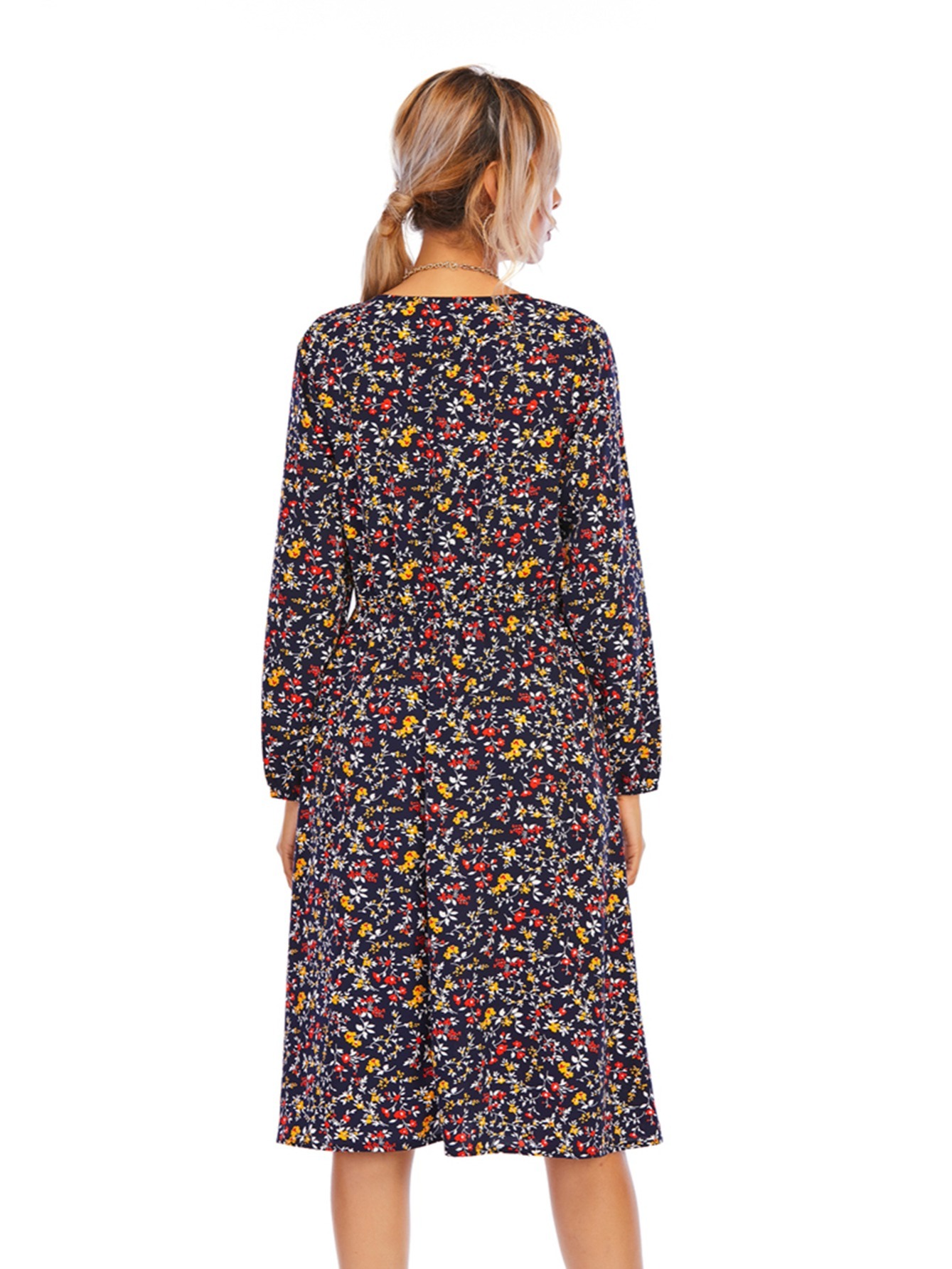Miayilima Dresses for Women 2023 Women Floral Sleeve Dress Long Casual  Fashion A-Line Print V-Neck Slim Short Women's Dress