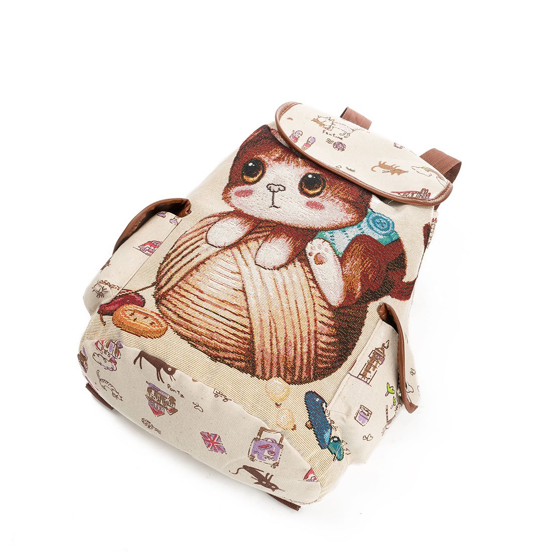 Cat Pattern Flap Backpack Animal Print Bookbag For Students