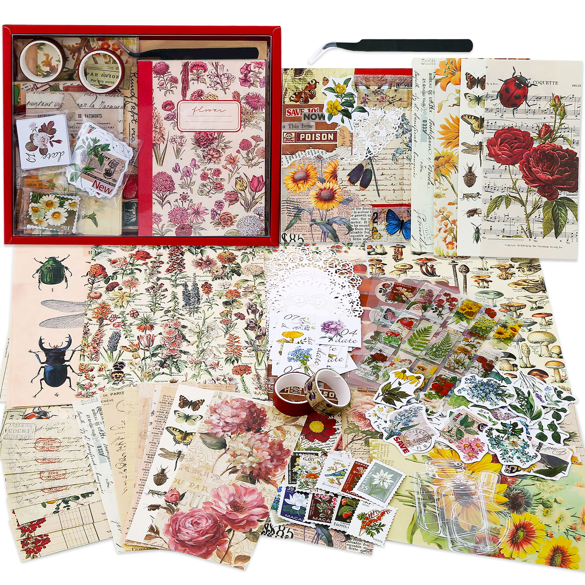 Aesthetic Scrapbooking Supplies Kit, Vintage Flowers Scrapbook Kit For  Bullet Junk Journal, Stationery, DIY Making Journaling Supplies Sticker,  Art