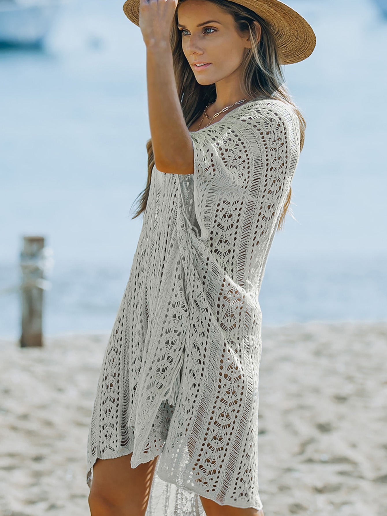 Embroidery Crochet Beachwear Shirt Solid Color Hollow See - Temu