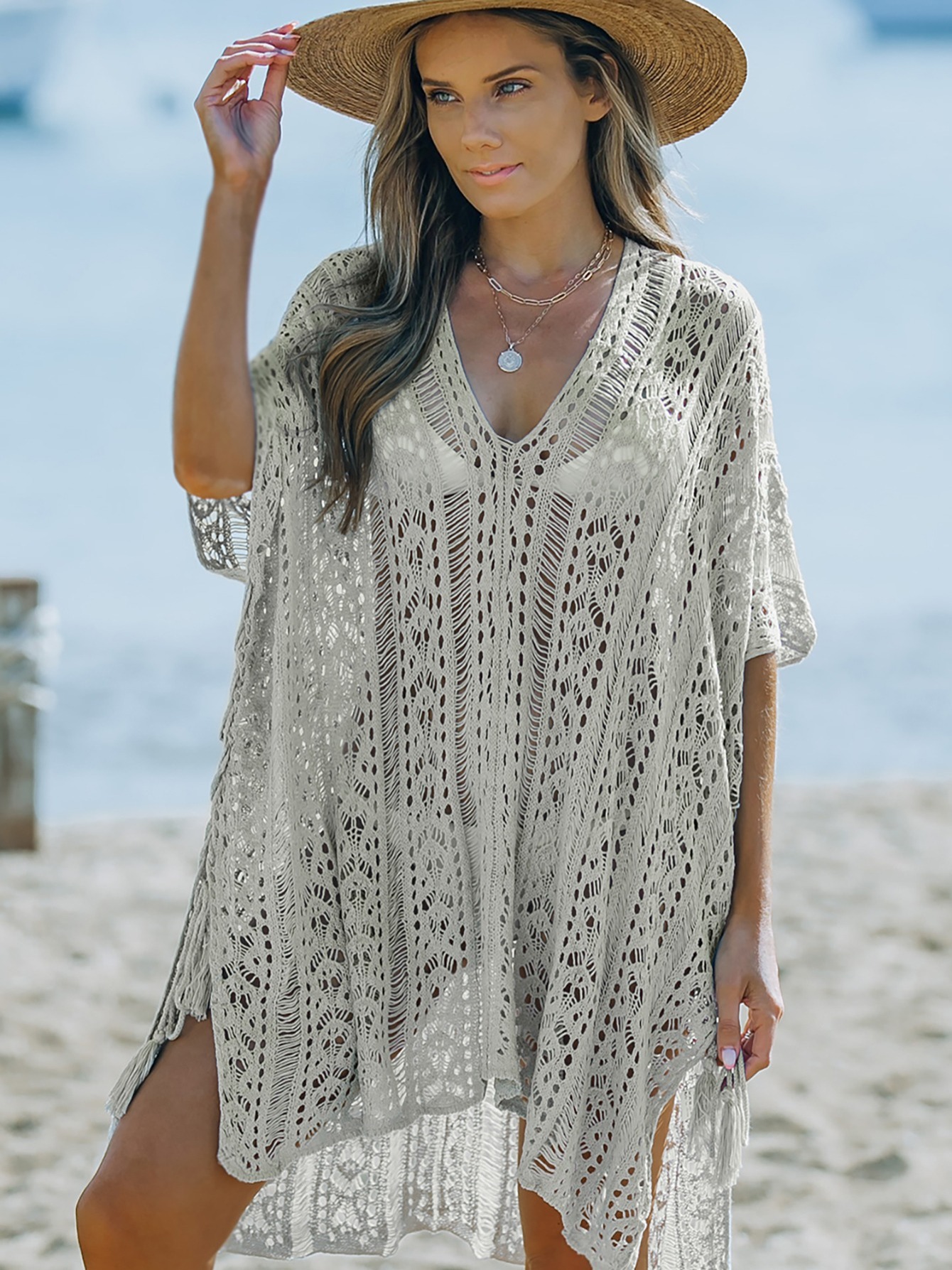 Hollow Knitted White Cover Long Sleeve Drop Shoulder Boho - Temu
