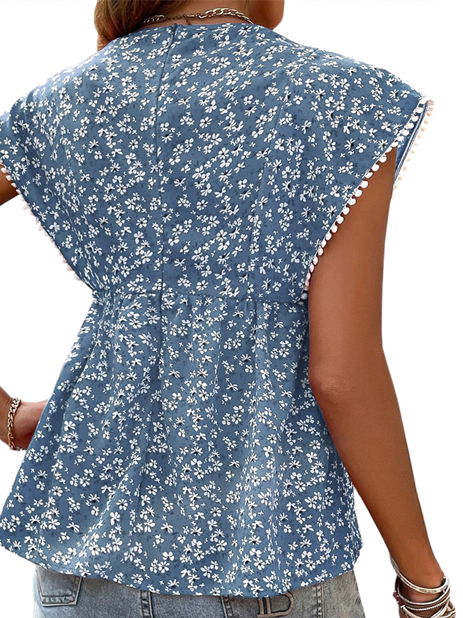 Women's Tops Sleeve Loose V Neck Shirt Floral Print Pom Trim - Temu