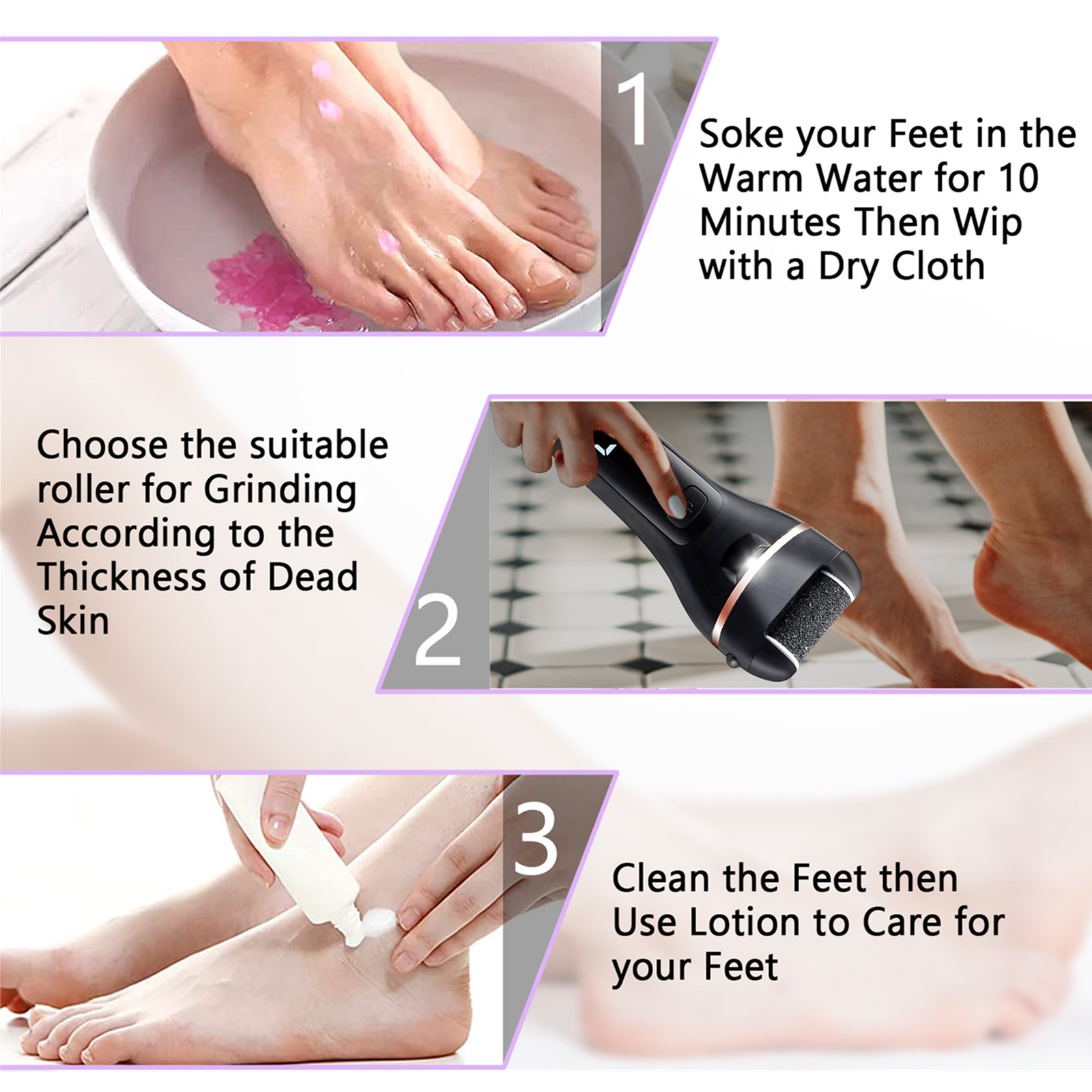 Electric Pedicure Tools Kit Callus Removers Rechargeable 3 Roller Head  Portable Waterproof Foot File Dry Skin Feet Care