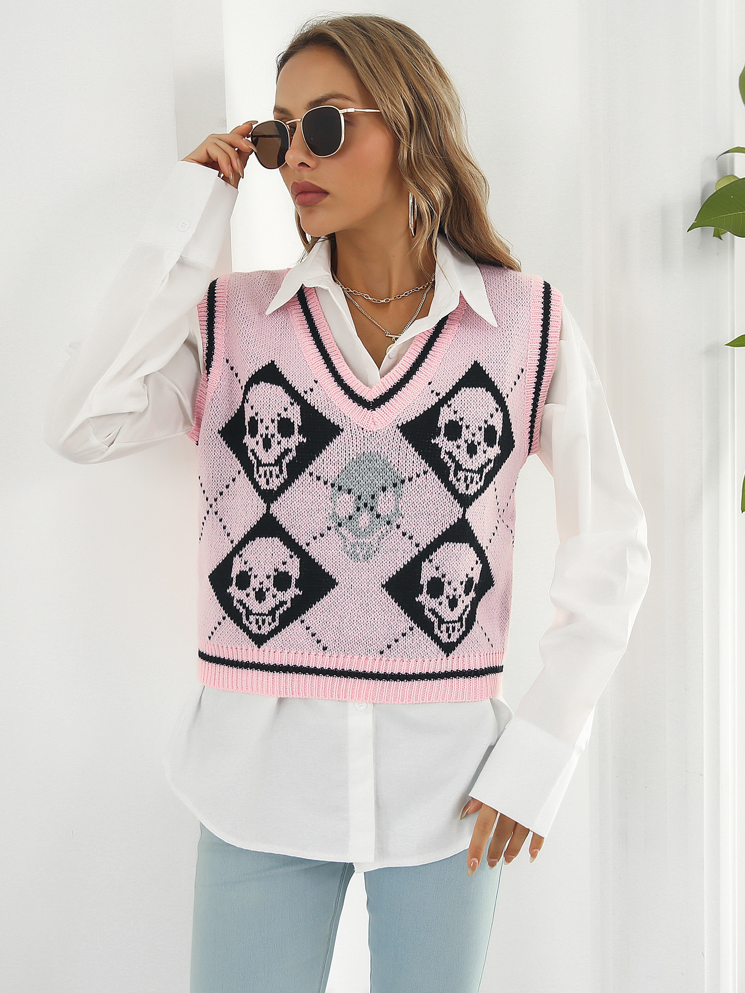 Widow Argyle Skull Print Sweater Vest