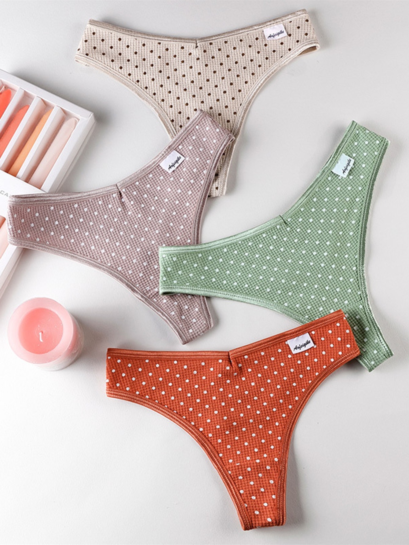 [4 Pack] Cute Dot Print Panties, Mixed Color Thongs Style Cotton Panties,  Women's Lingerie & Underwear