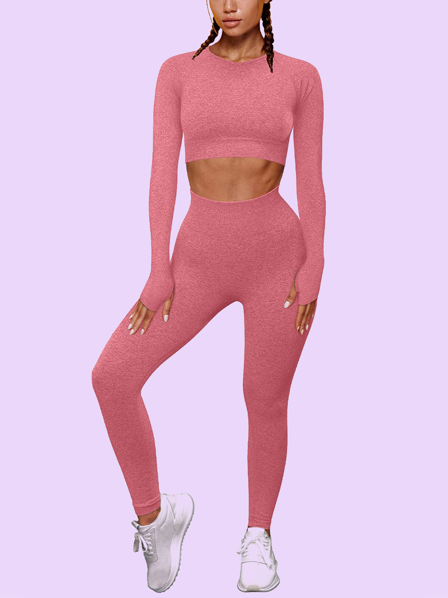 RQYYD Women's Workout Outfit 2 Pieces Seamless High Waist Yoga Leggings  with Long Sleeve Crewneck Crop Top Gym Clothes Set Hot Pink S
